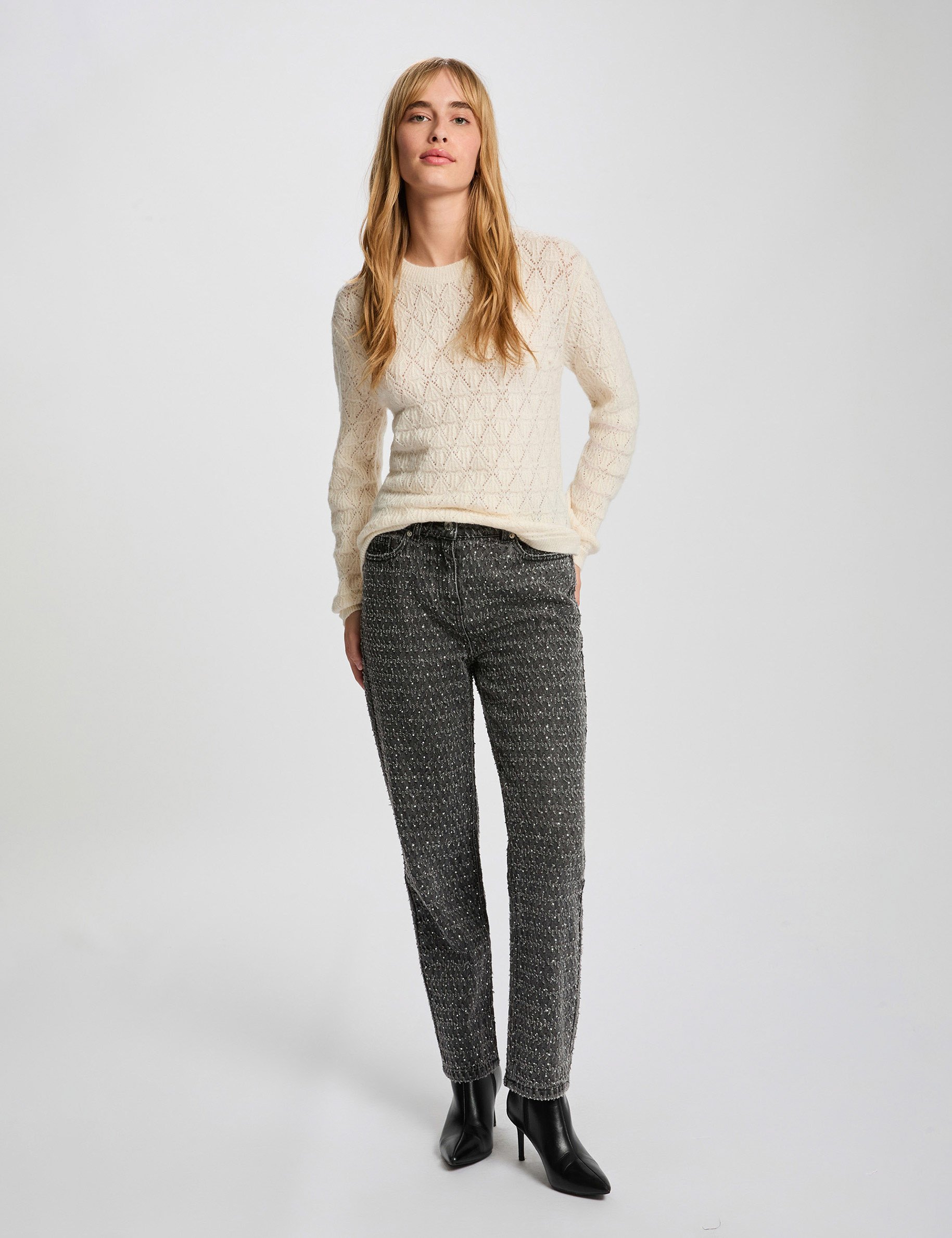 Pull col rond fantaisie ivoire femme