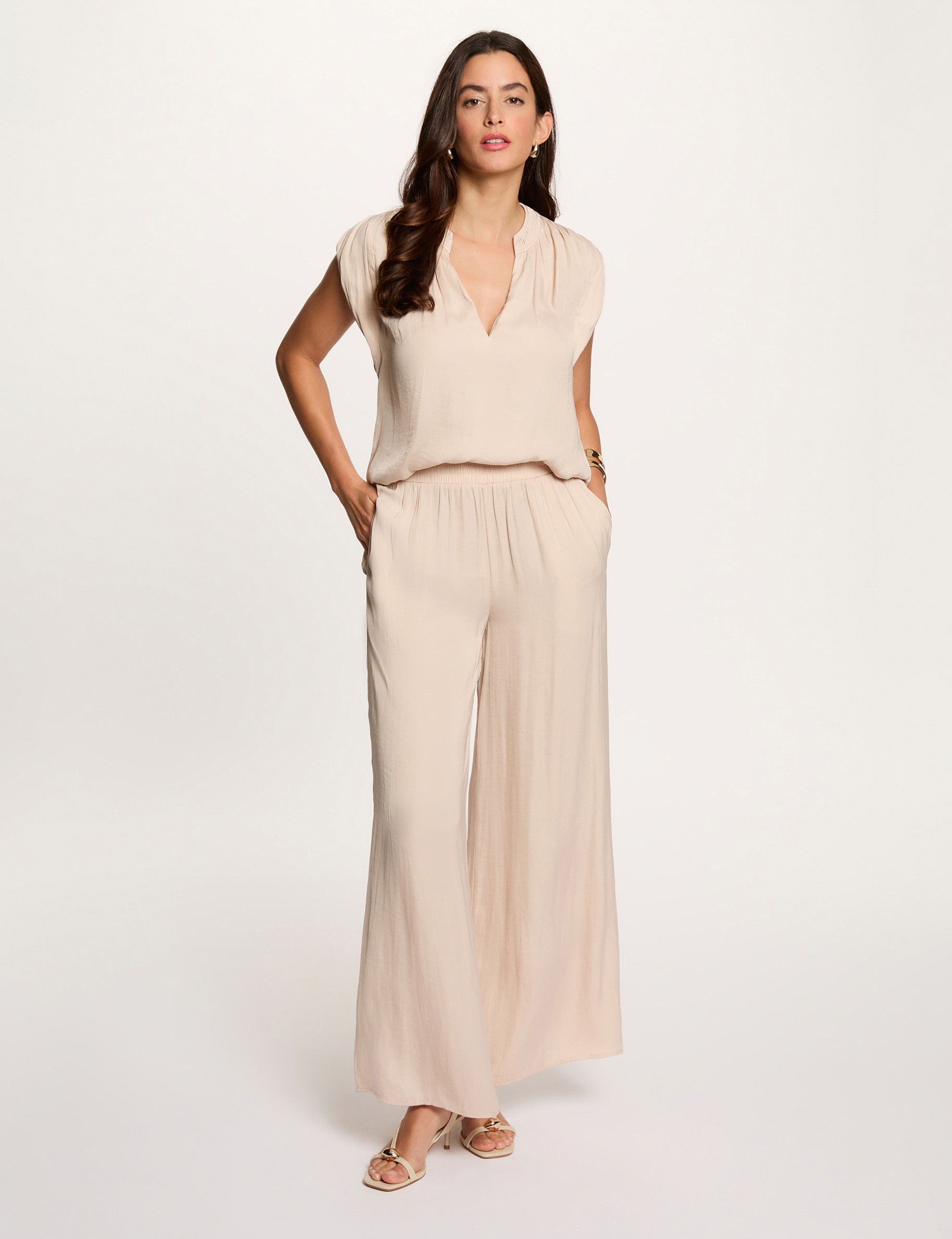 Blouse met korte mouwen licht beige vrouw