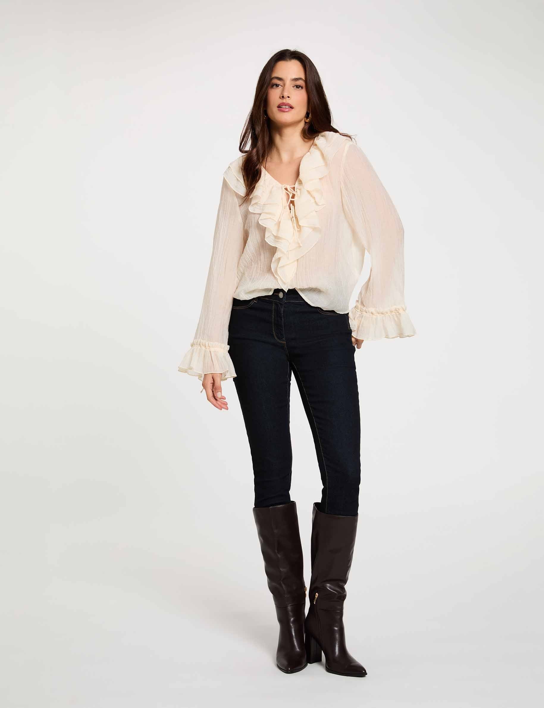 Geplooide V-hals blouse ivoor vrouw