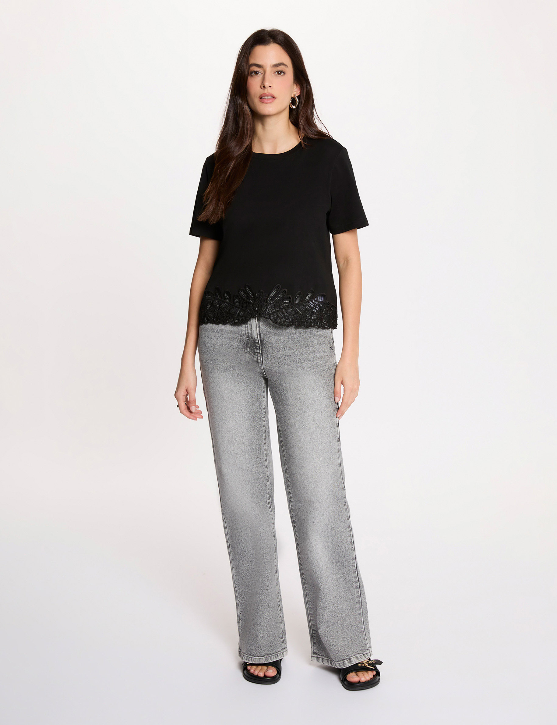 Geborduurd T-shirt met ronde hals zwart vrouw