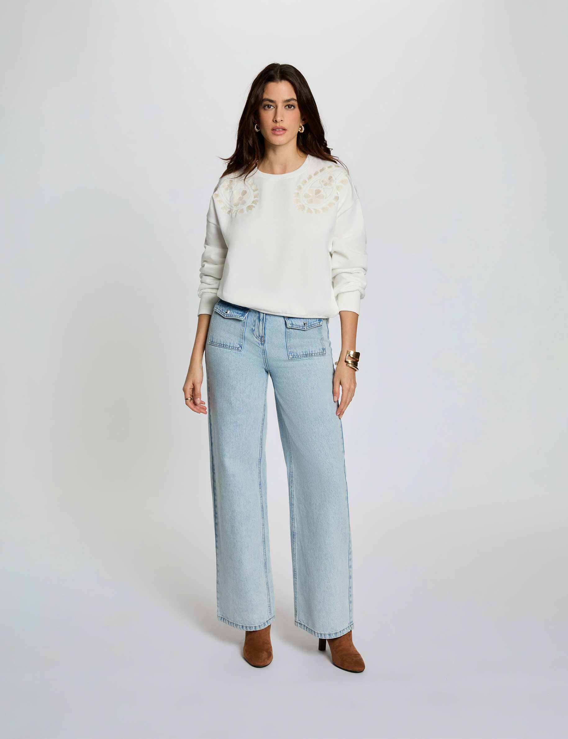 Pull maille brodée blanc femme