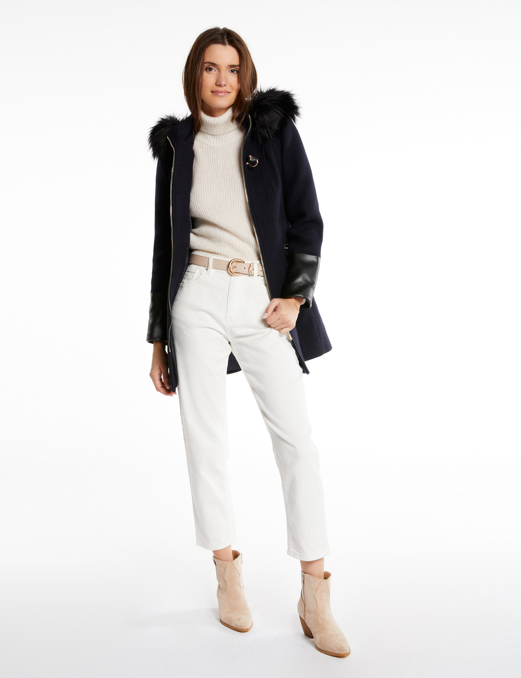 Manteau droit zippé à capuche marine femme