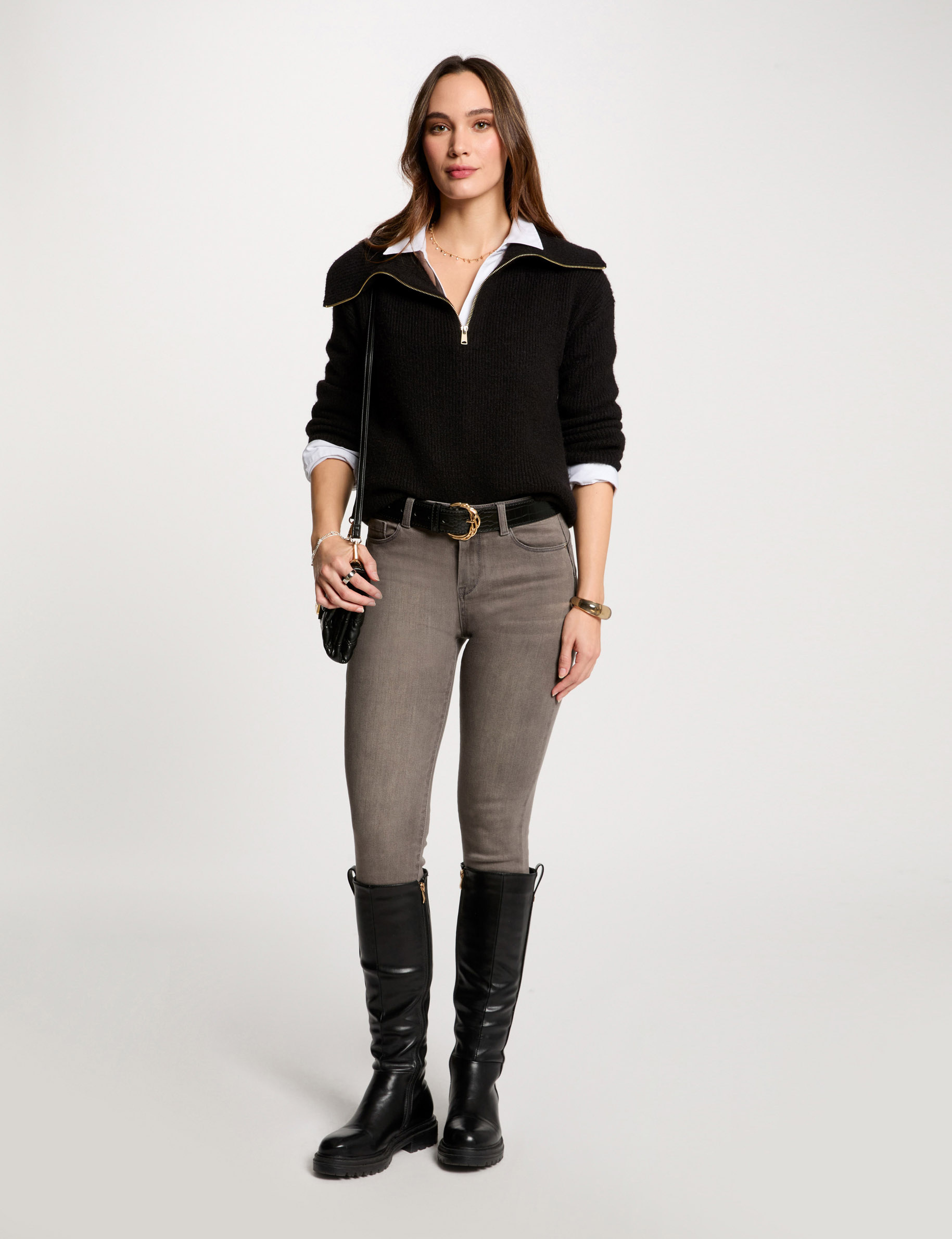 Jeans slim taille standard &agrave; poches gris moyen femme