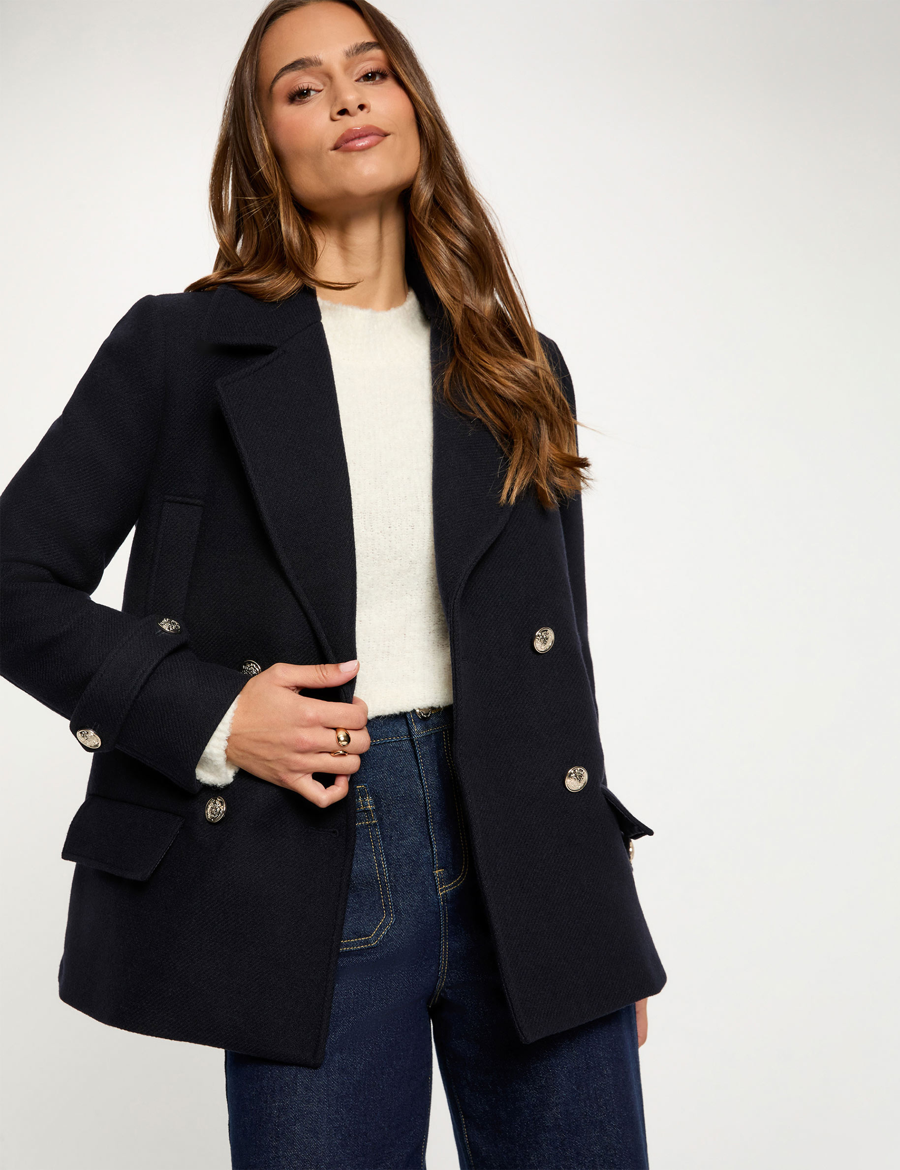 Manteau droit col tailleur bleu marine femme
