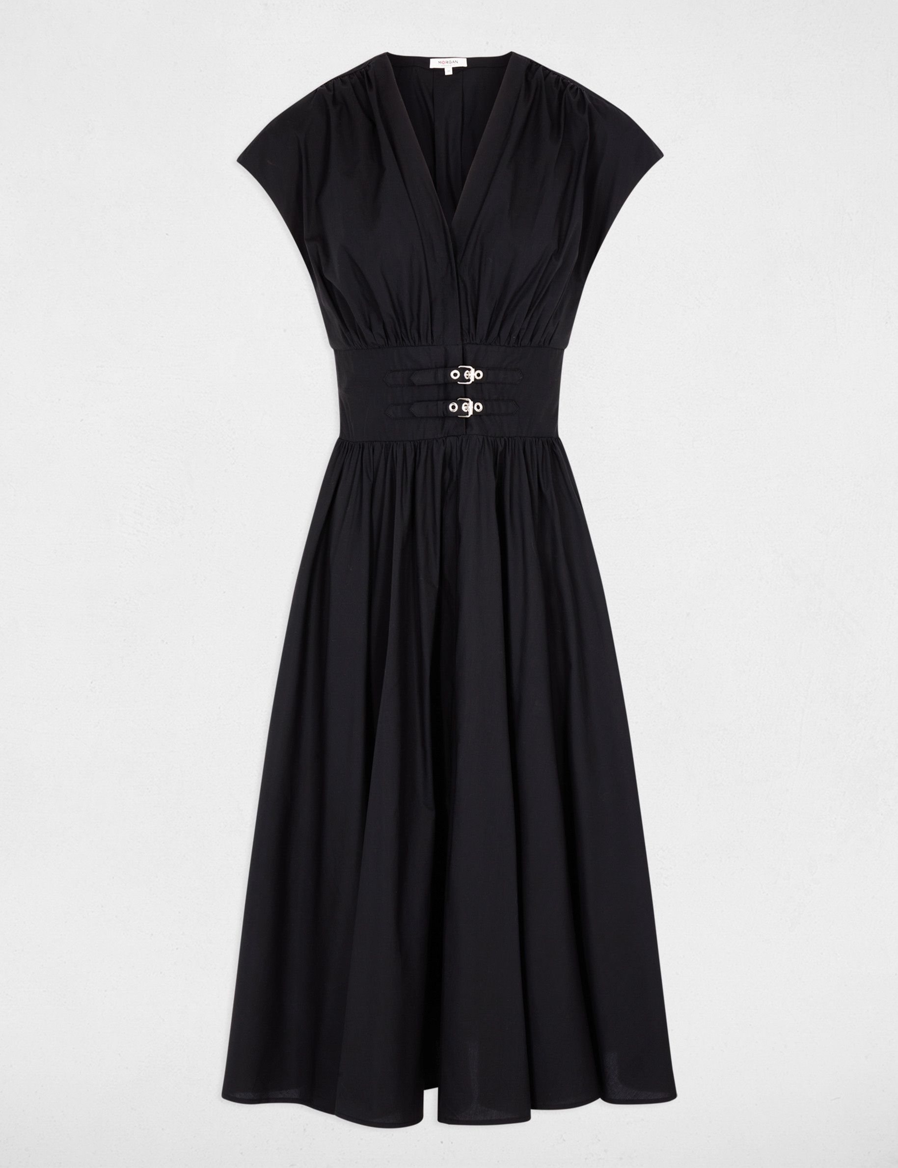 Robe mi-longue col v noir femme