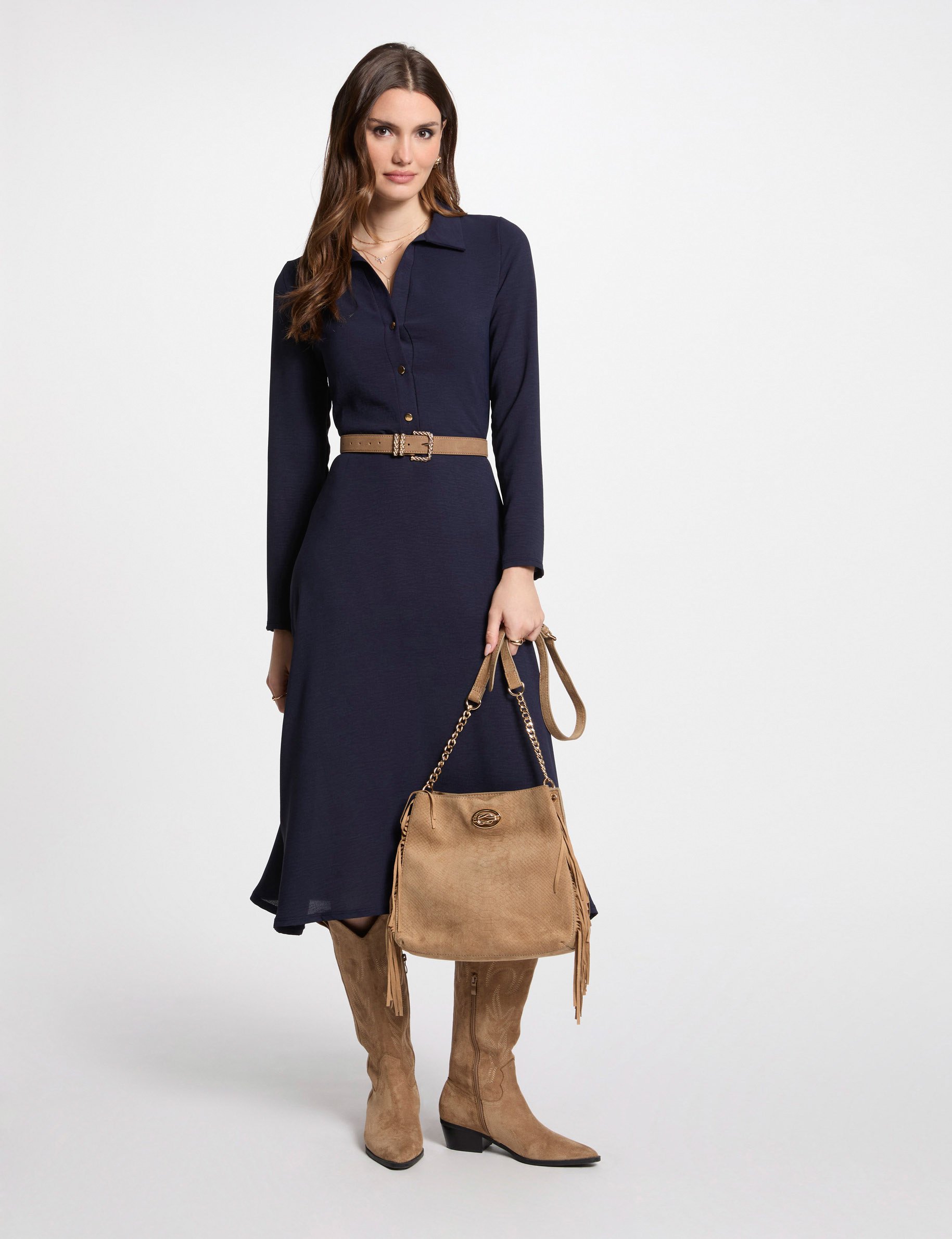 soepele rechte midi jurk marineblauw vrouw Soepele, rechte midi-jurk marineblauw vrouw