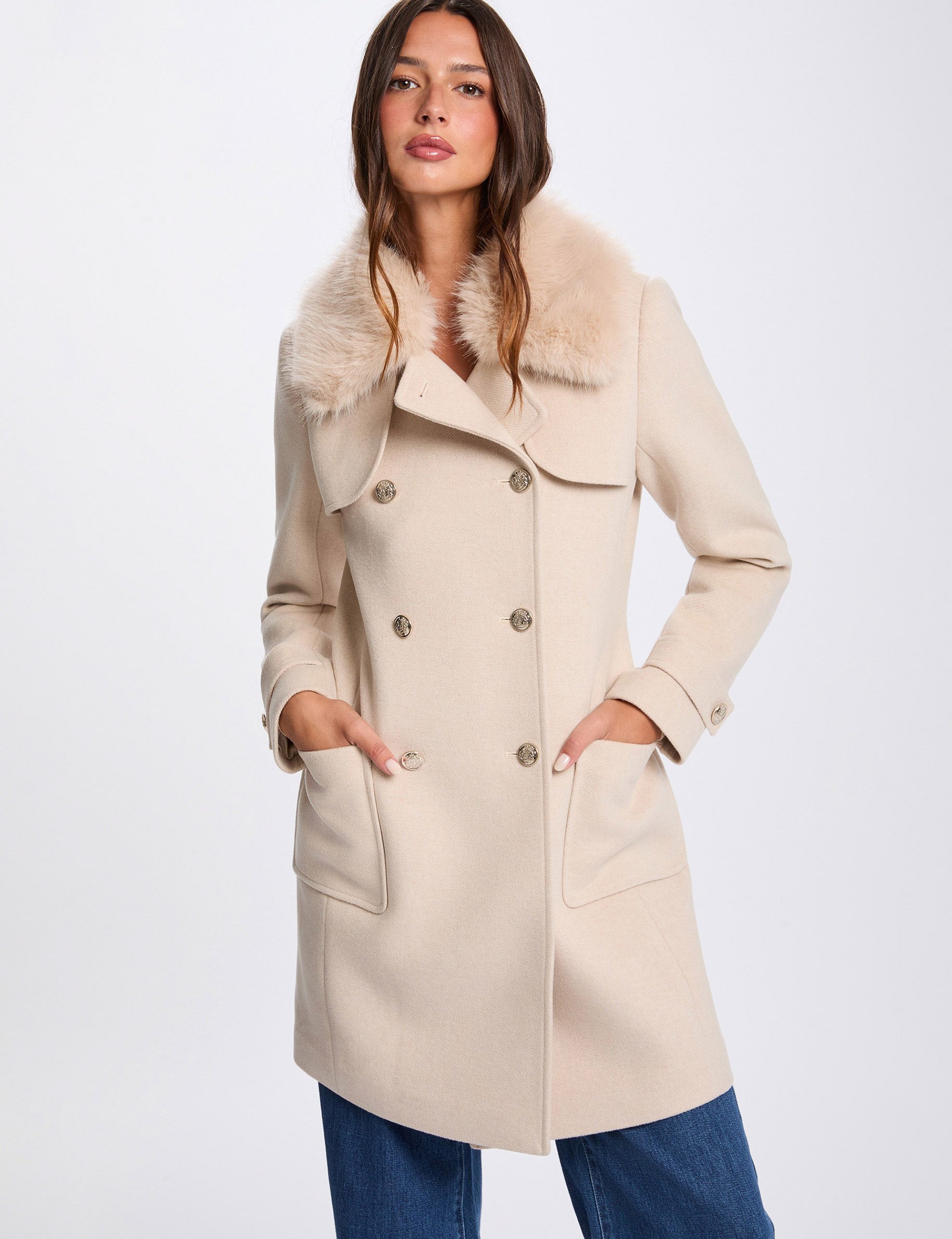 manteau droit col fourrure beige femme Manteau droit col fourrure beige femme