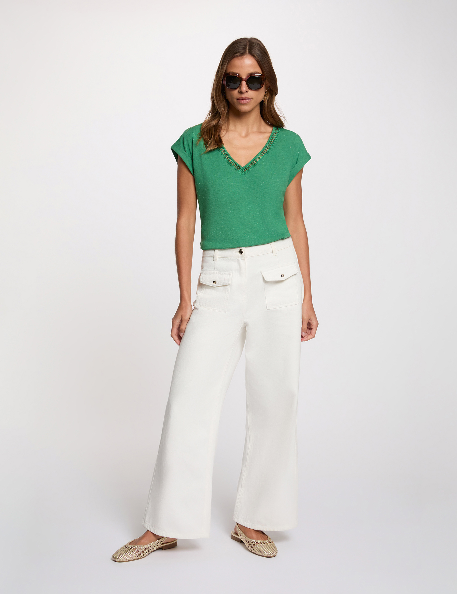 T-shirt brillant col v vert prairie femme