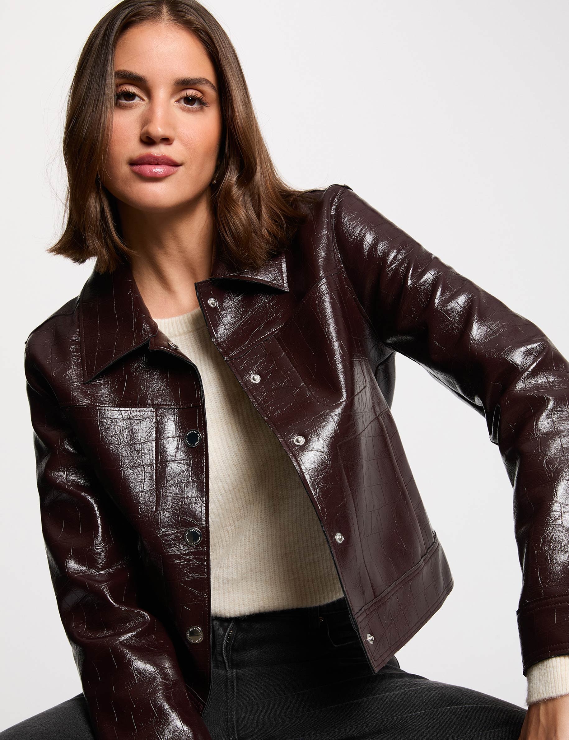 Blouson col tailleur prune femme