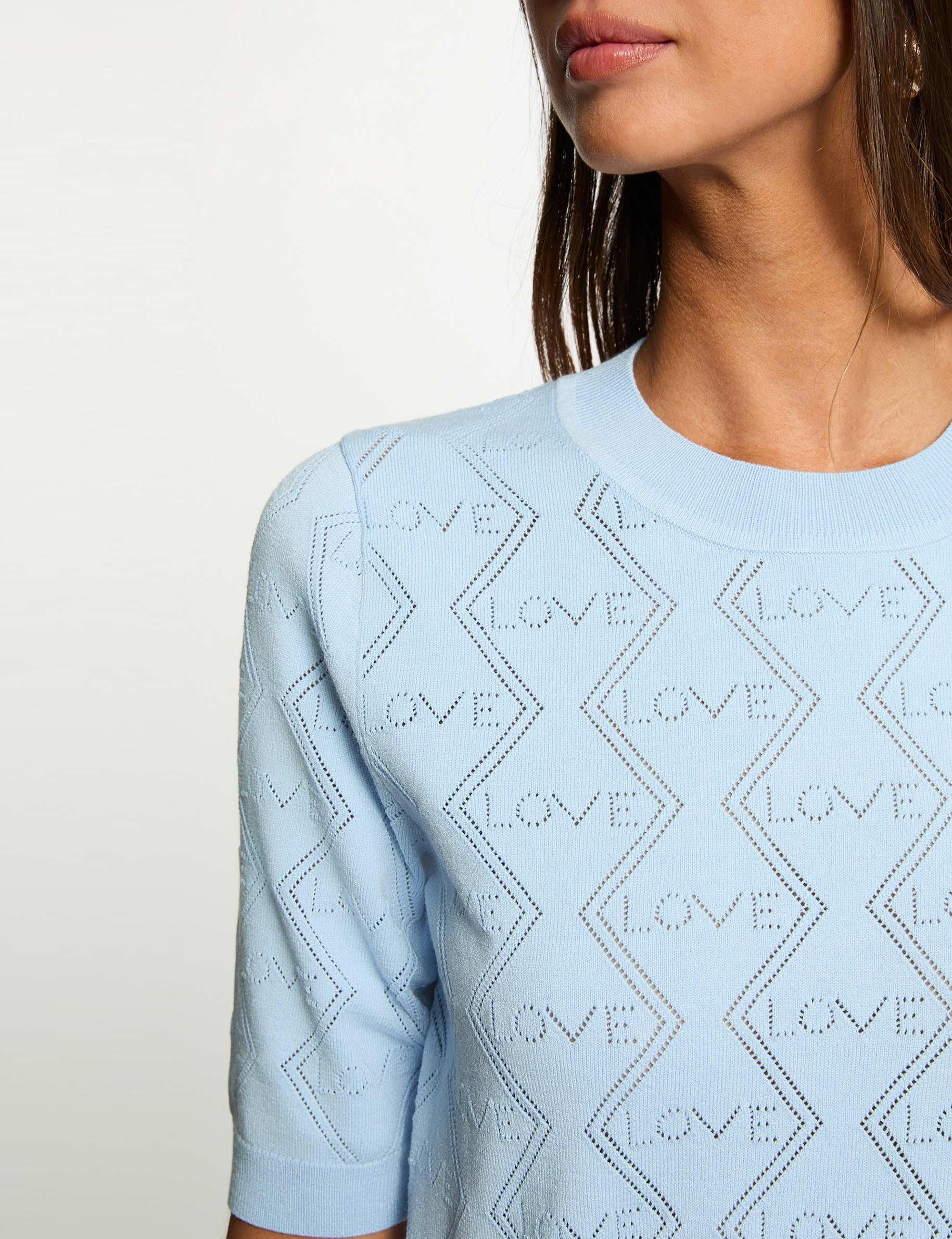 Pull ajour&eacute; manches 3/4 bleu ciel femme