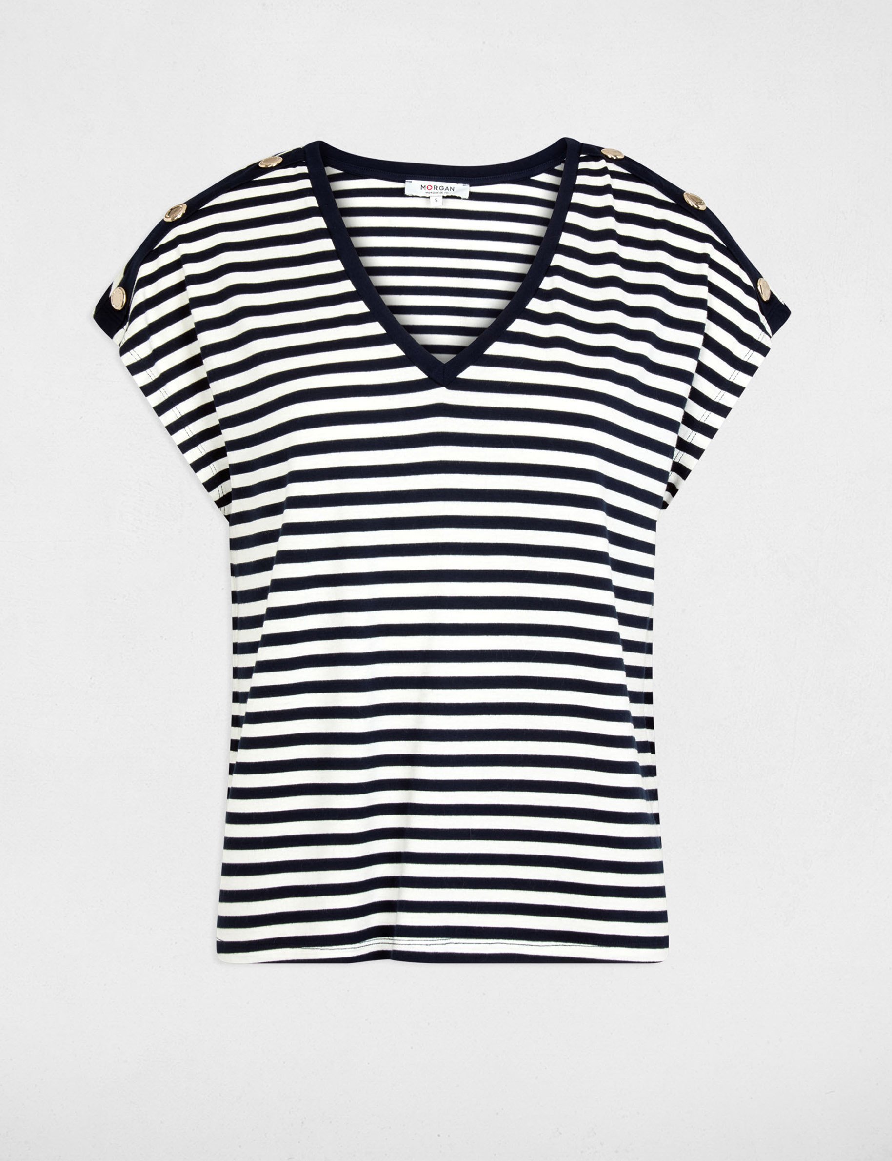 Gestreept V-hals T-shirt marineblauw vrouw