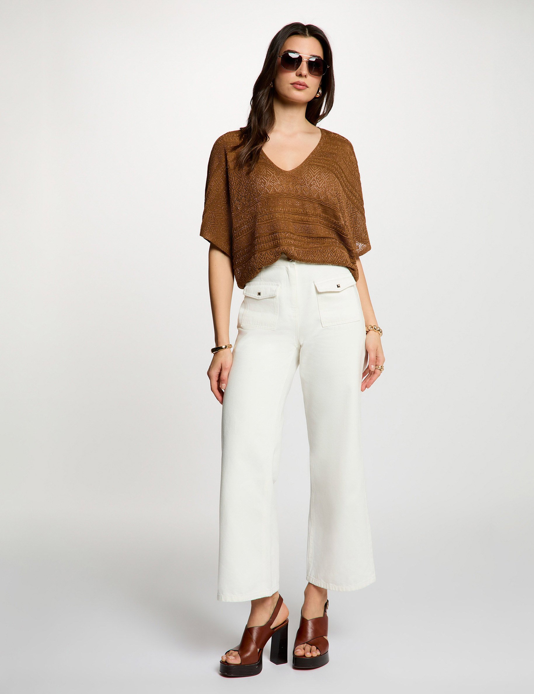 Pull oversize col v camel femme