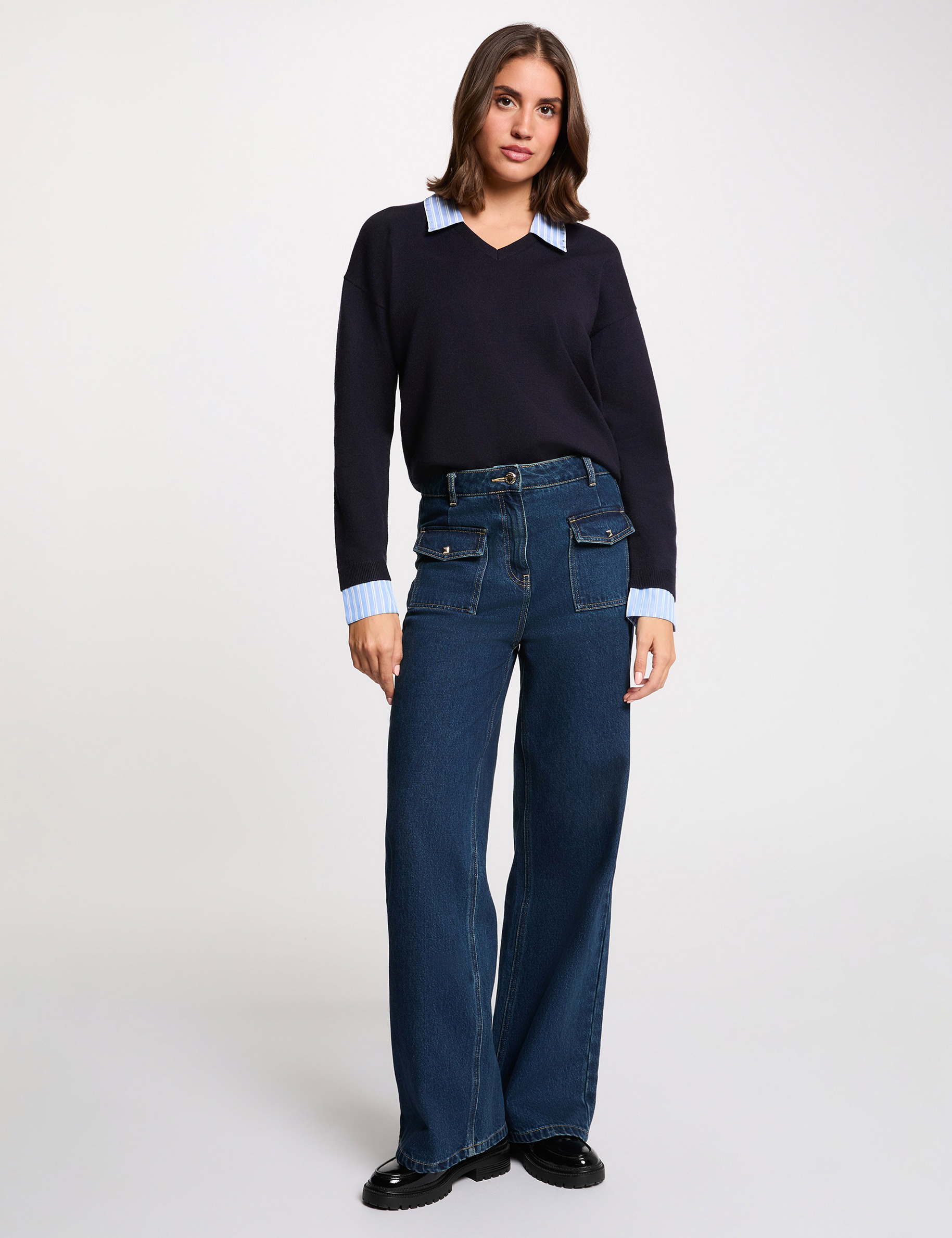 Gestreepte trui met reverskraag marineblauw vrouw