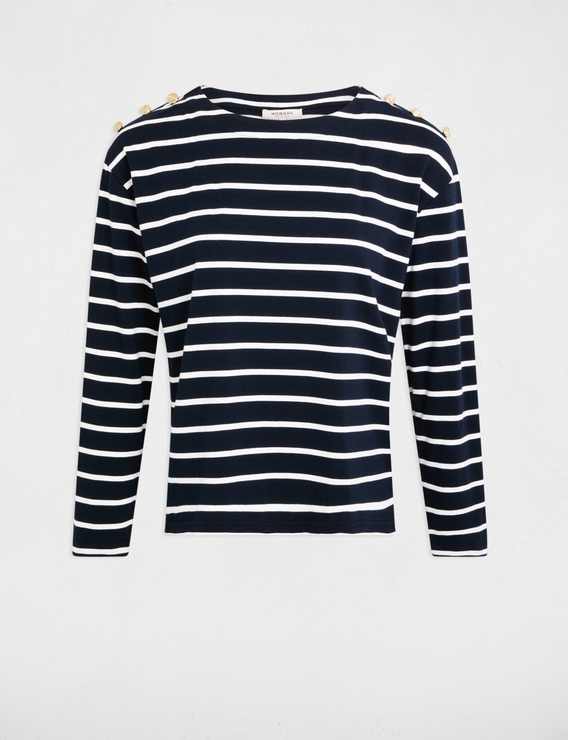 gestreept t shirt met lange mouwen helder wit vrouw Gestreept T-shirt met lange mouwen helder wit vrouw