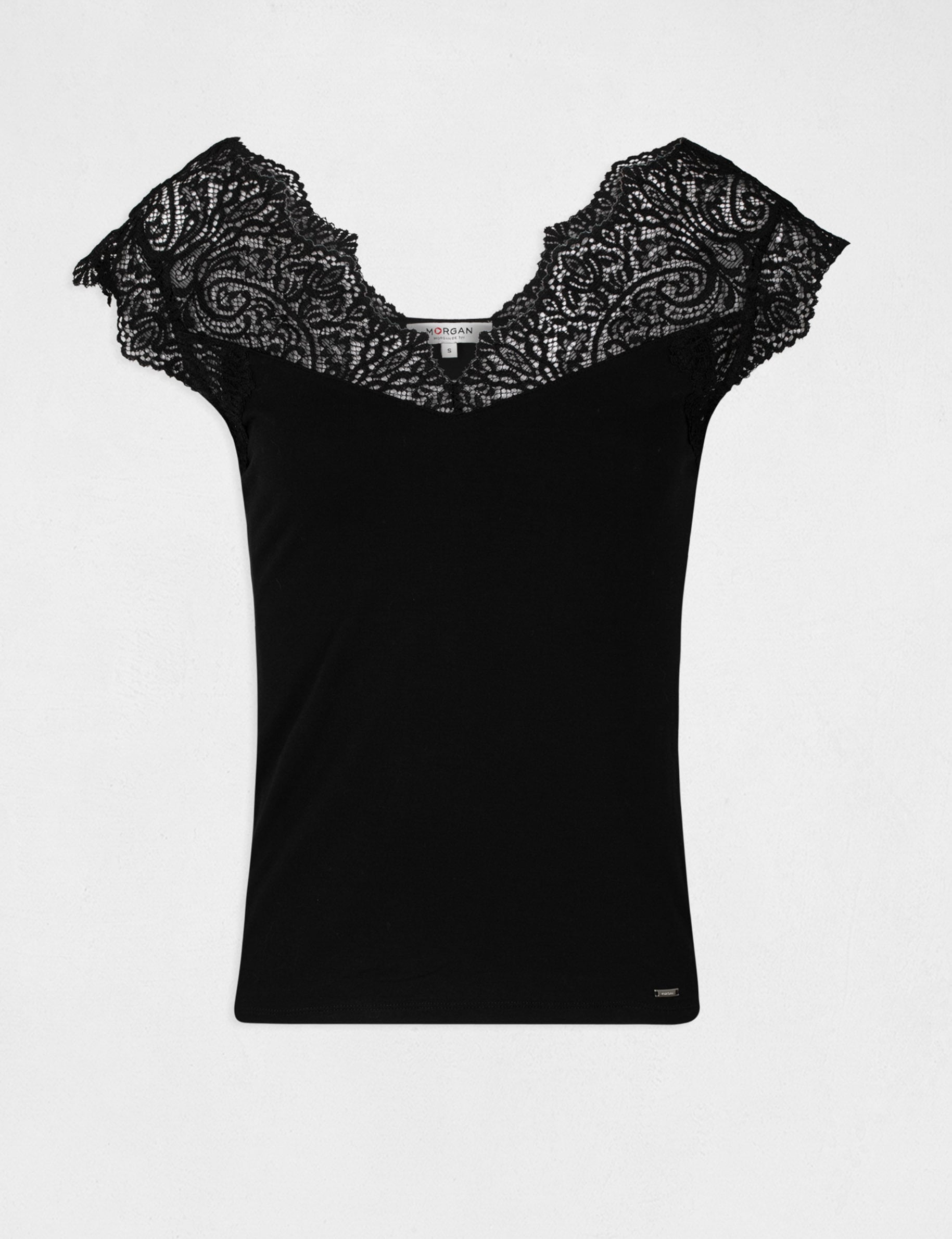 T-shirt manches courtes &agrave; dentelle noir femme