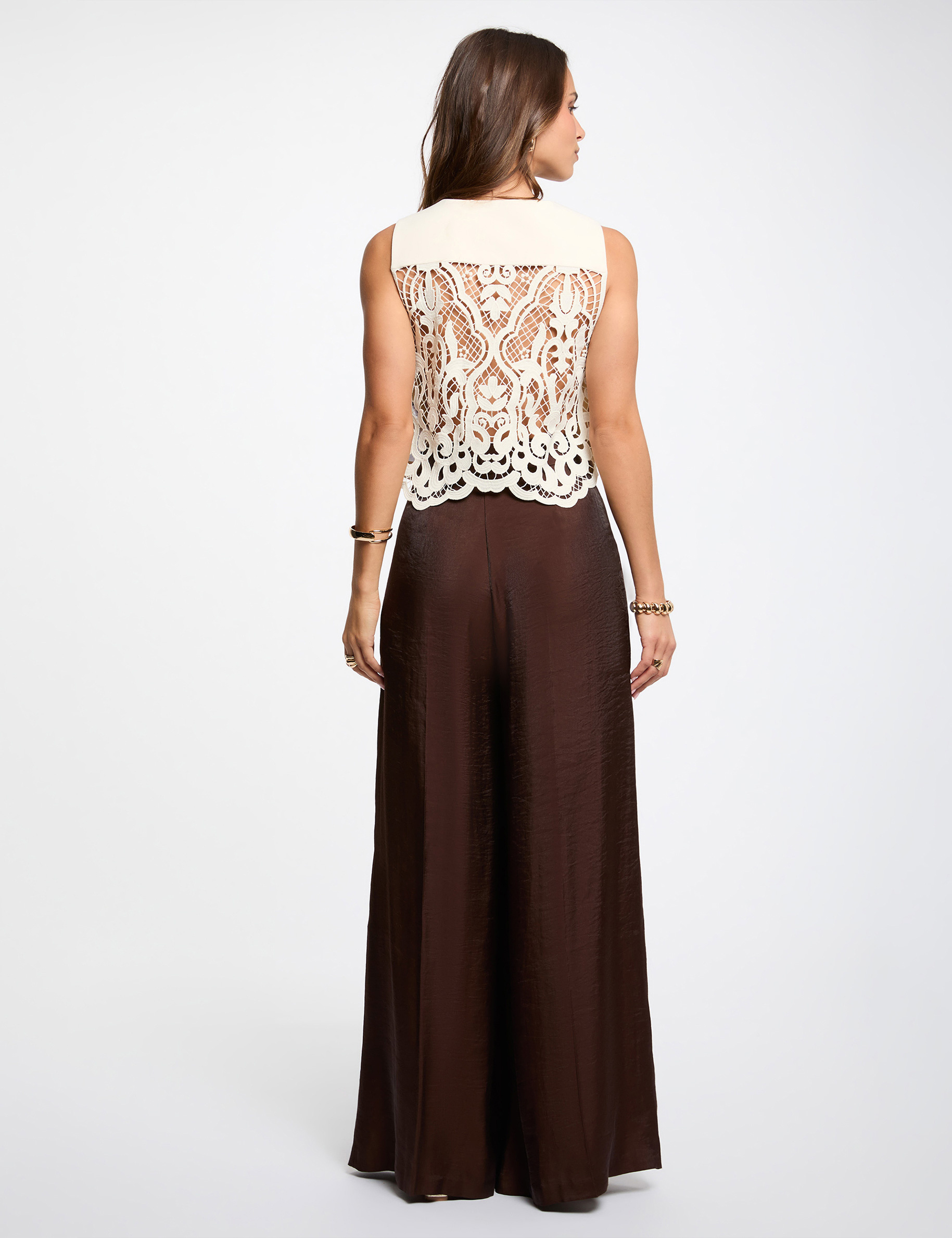 Pantalon large taille haute marron fonc&eacute; femme