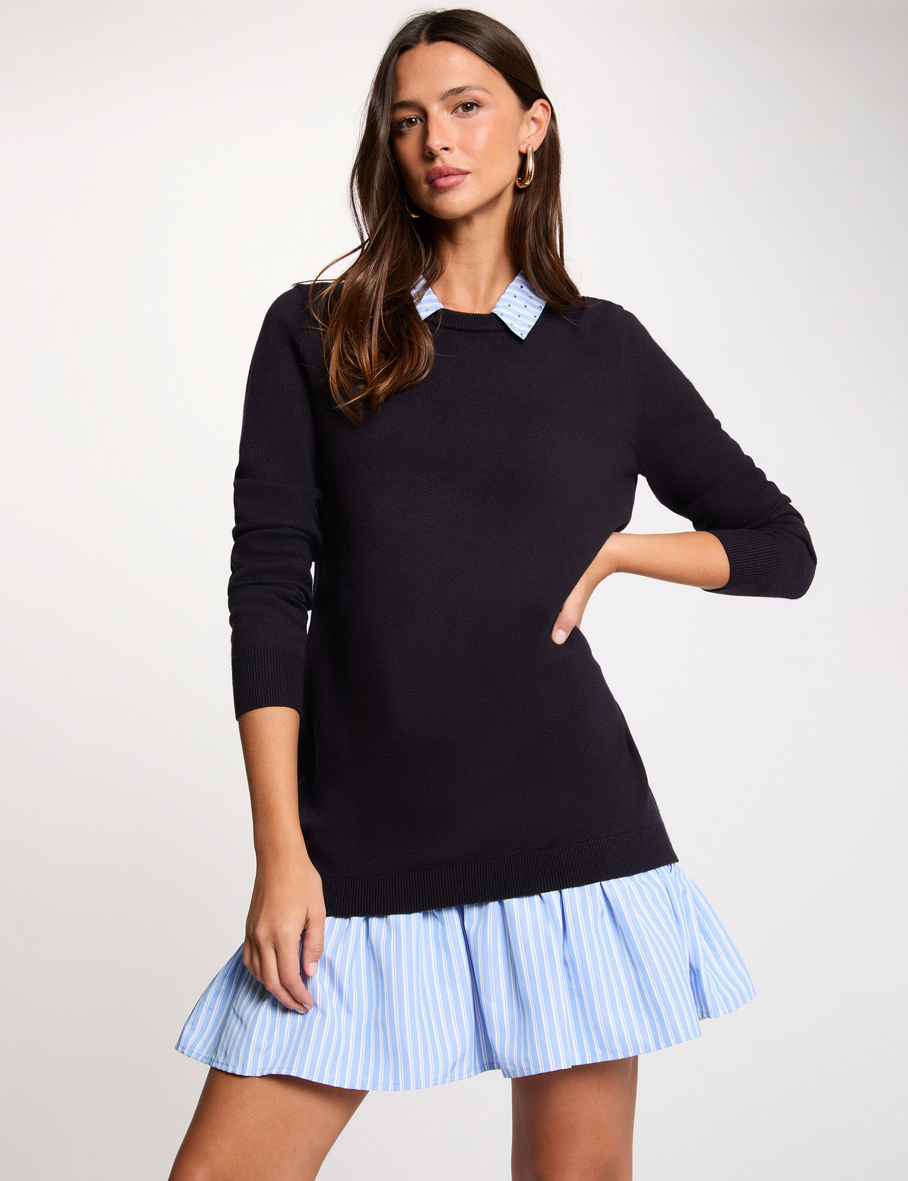 Robe tricot col &agrave; revers bleu marine femme