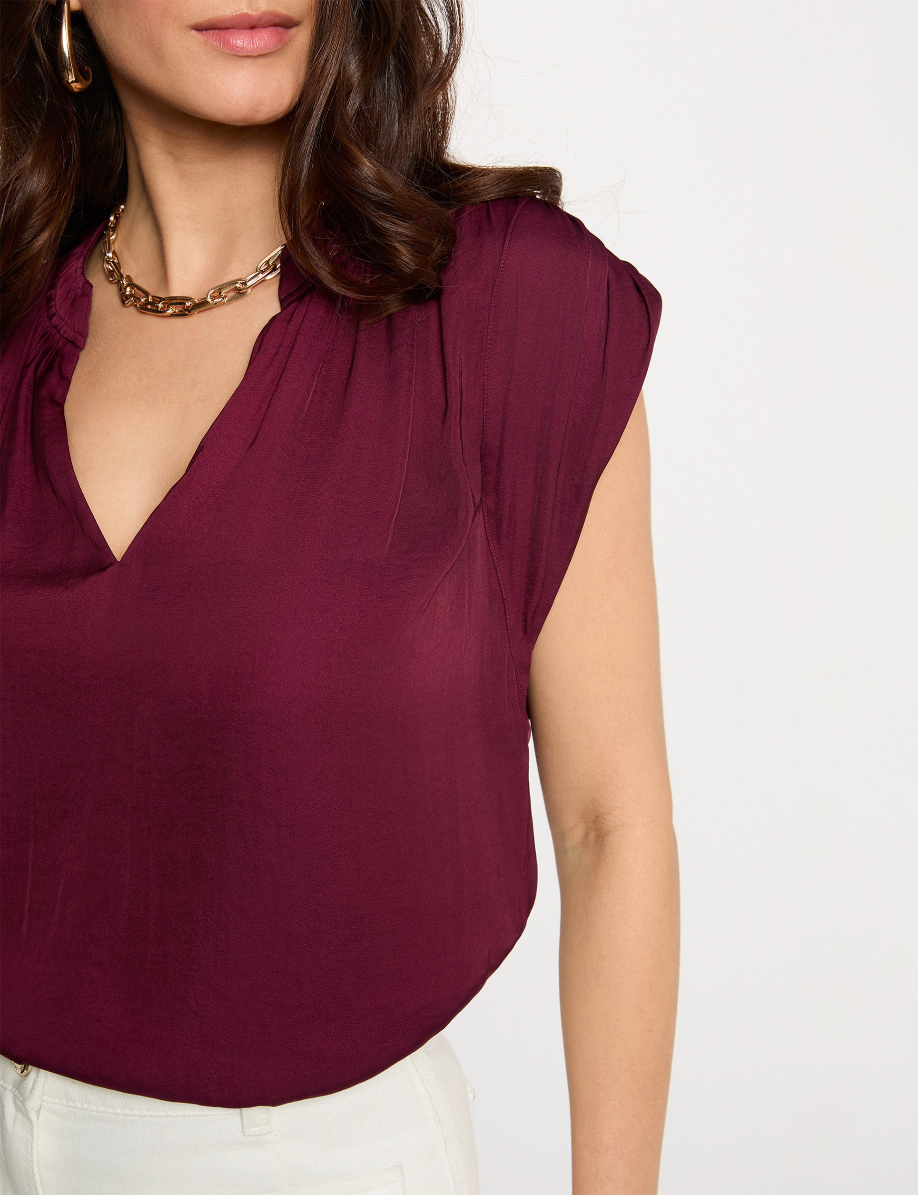 Blouse manches courtes satin prune femme