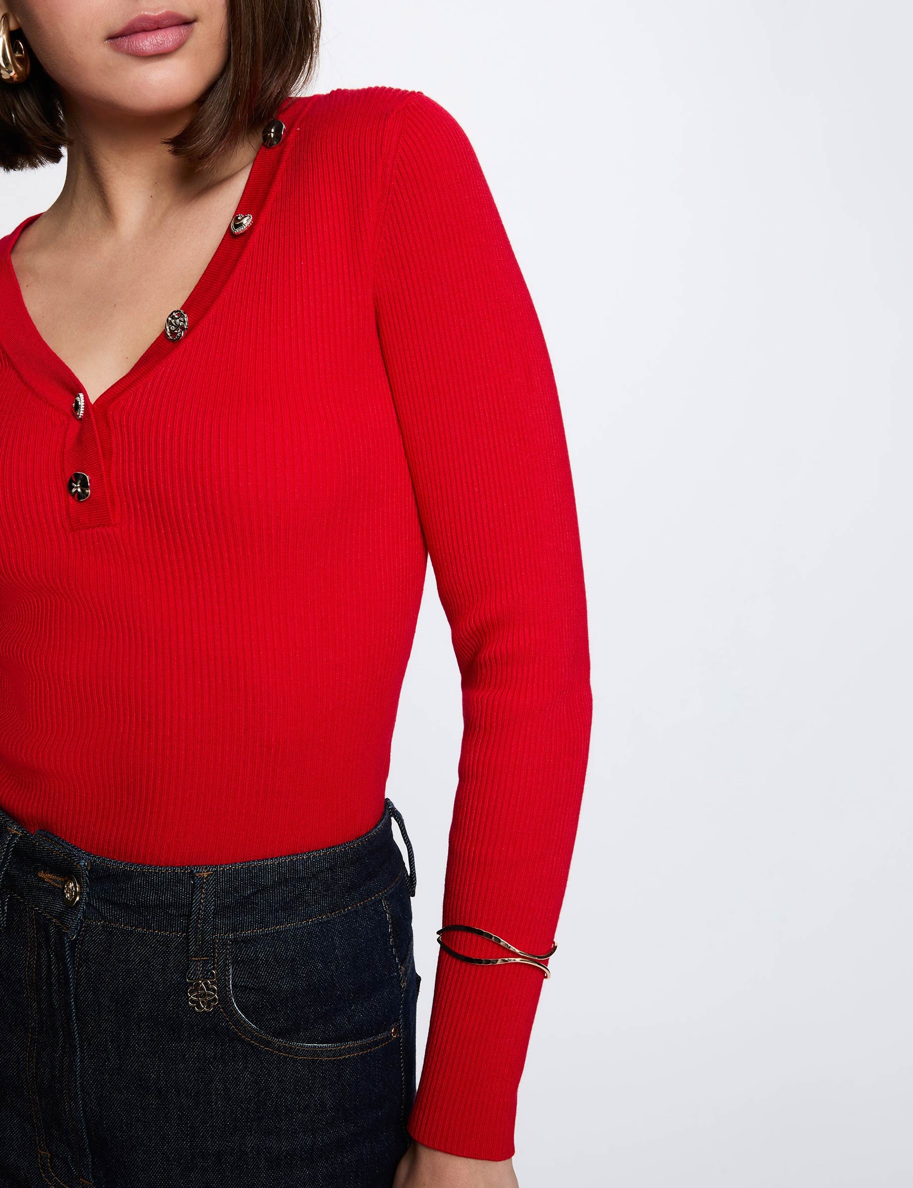 Trui met V-hals en fantasie rood vrouw