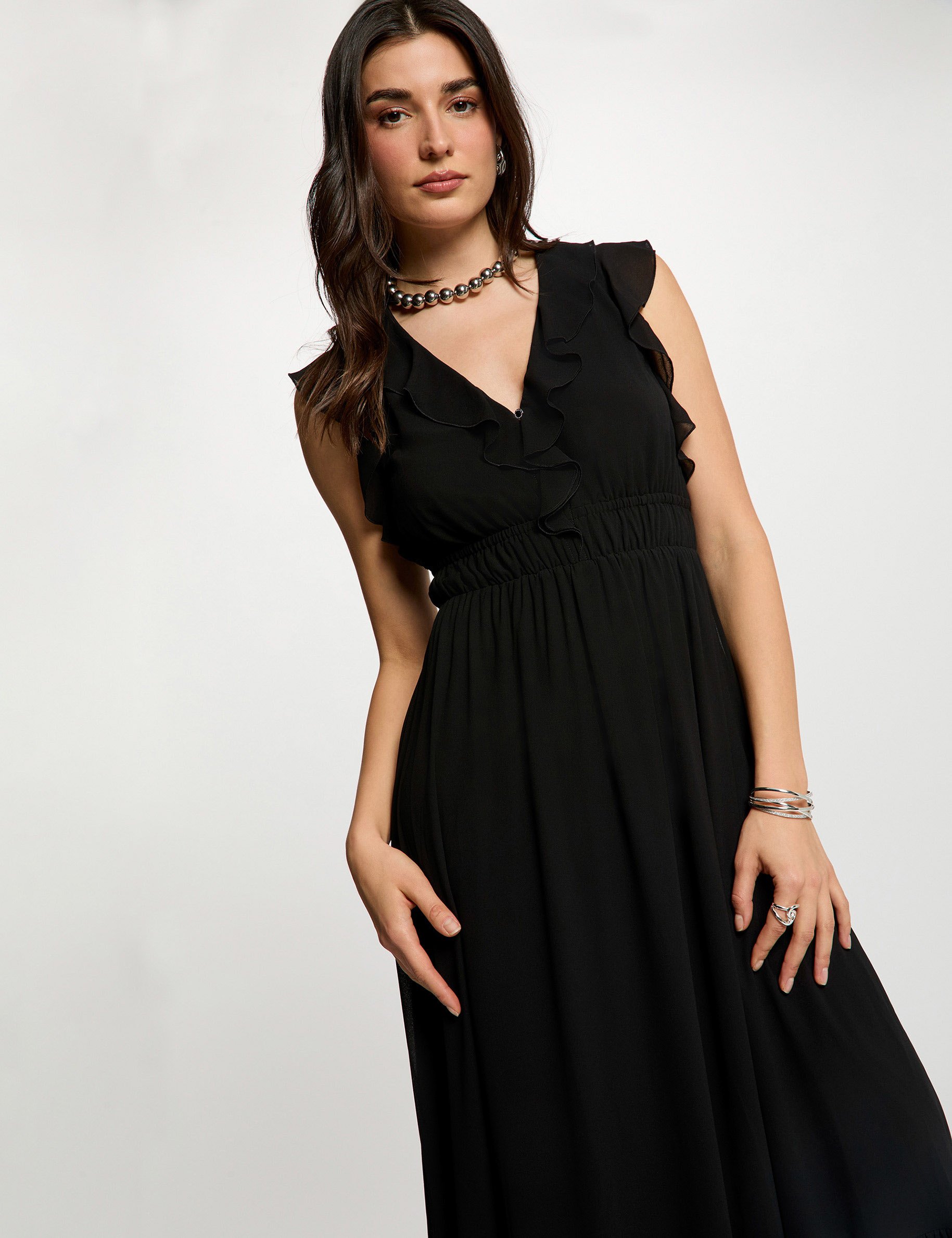 Robe longue col v noir femme