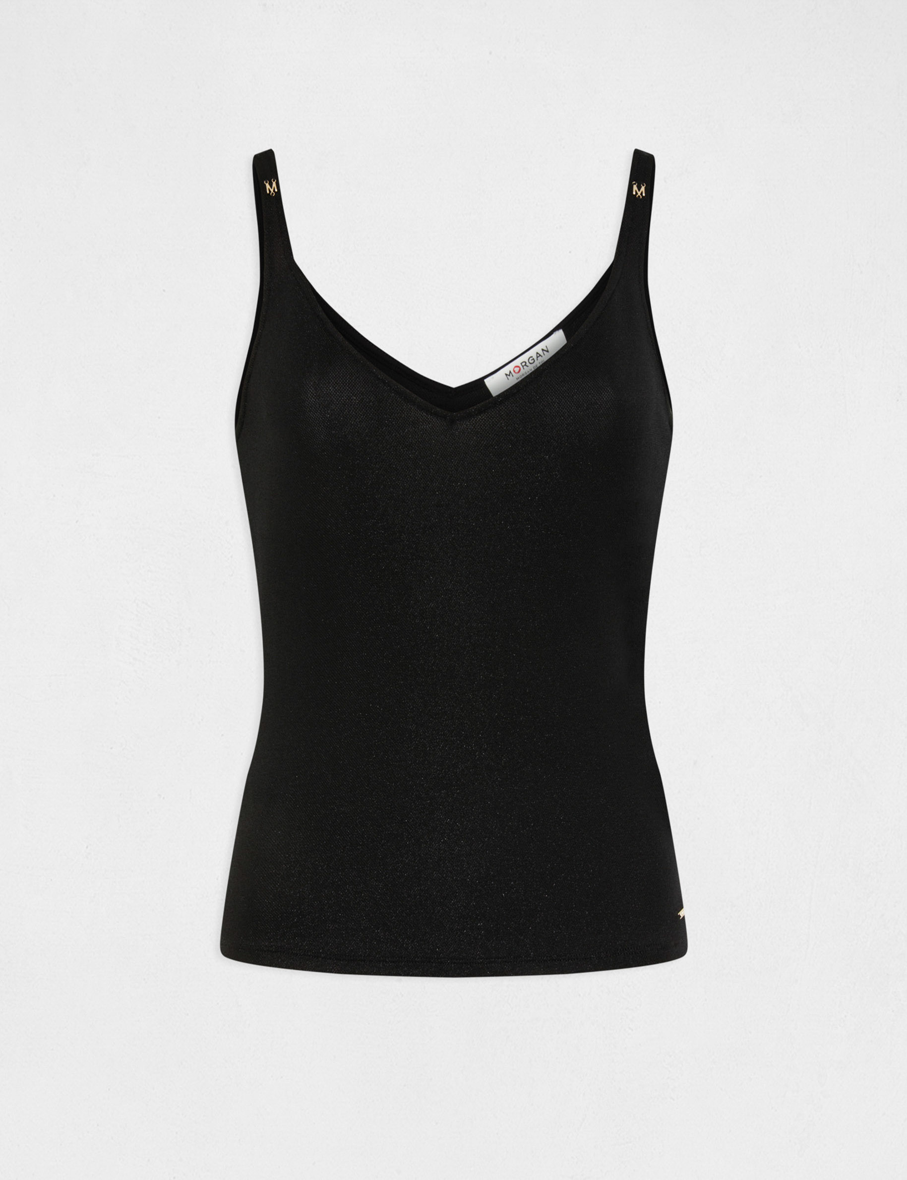 tanktop met v hals en metallic draad zwart vrouw Tanktop met V-hals en metallic draad zwart vrouw