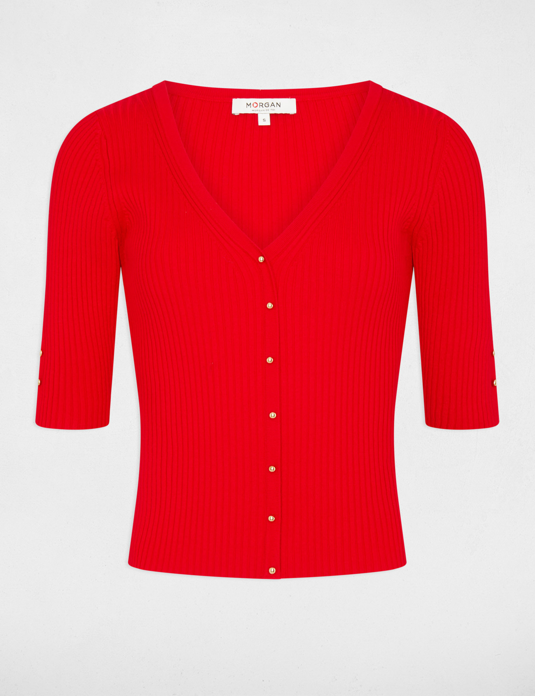 Pull col en V manches courtes rouge femme