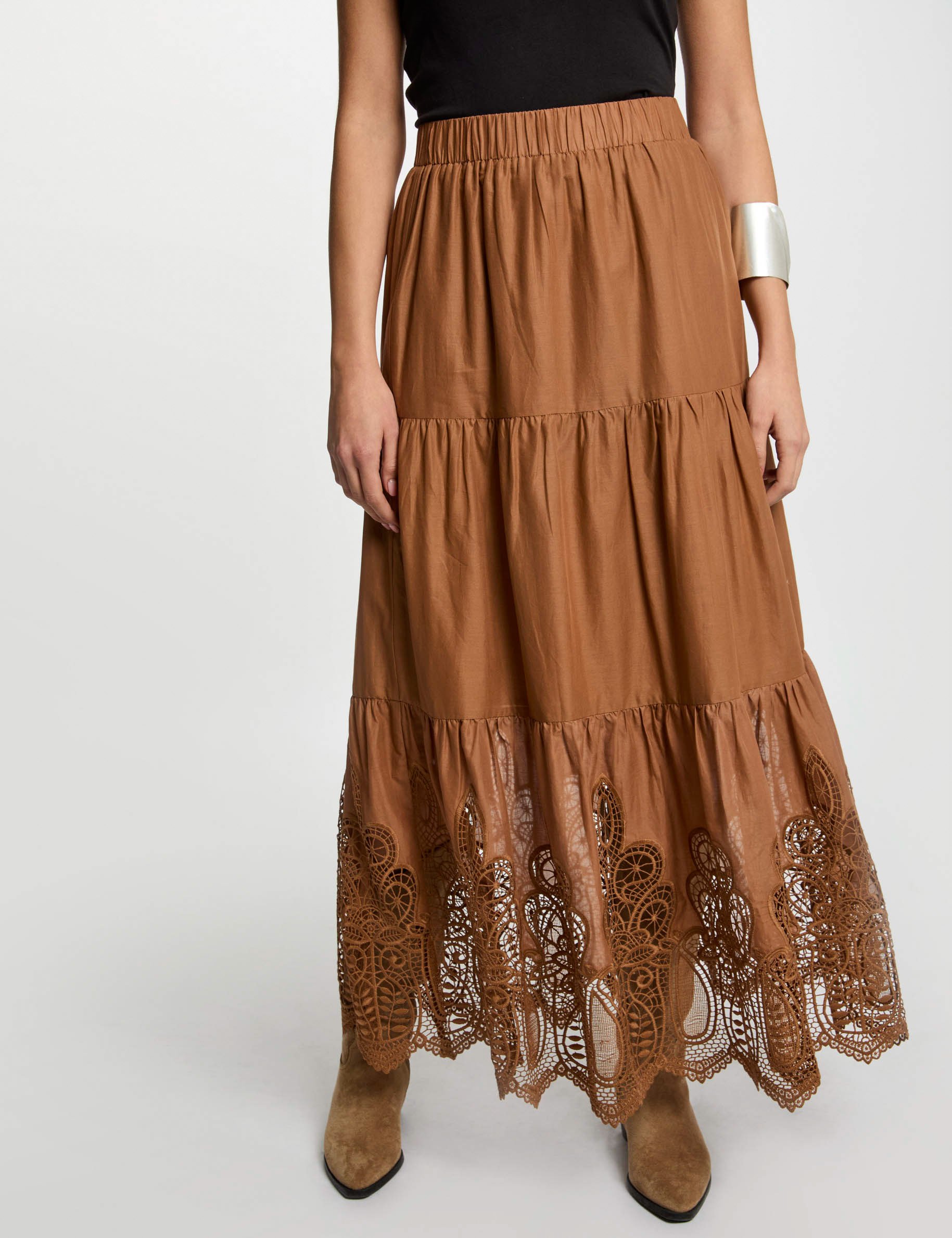 lange rok met kanten details cognacbruin vrouw Lange rok met kanten details cognacbruin vrouw