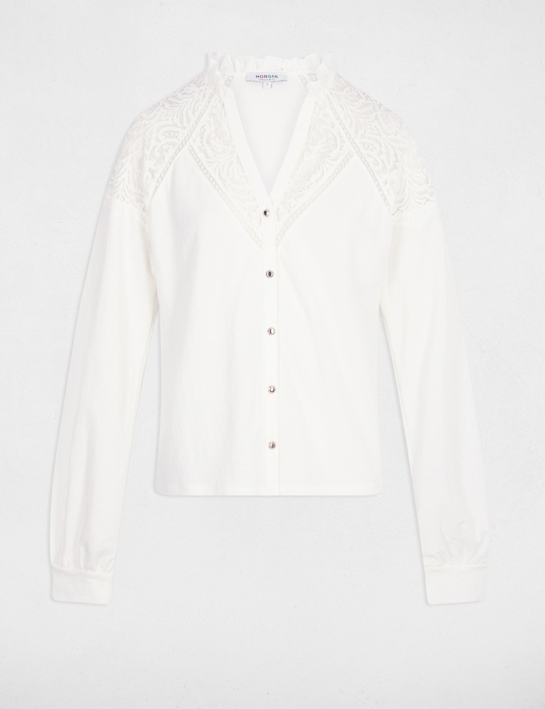 Kant T-shirt met V-hals helder wit vrouw