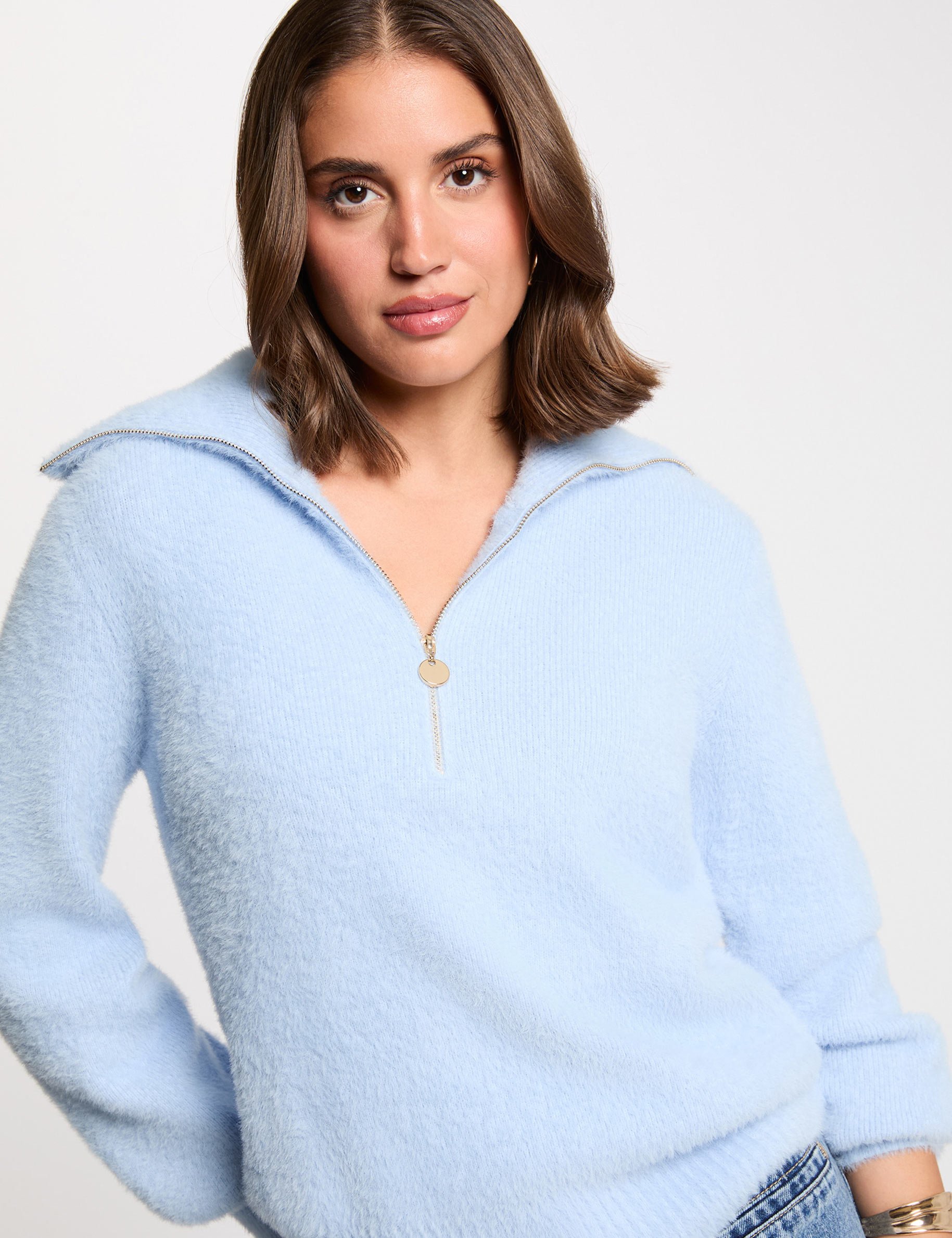 pull manches longues a col zippe bleu ciel femme Pull manches longues à col zippé bleu ciel femme