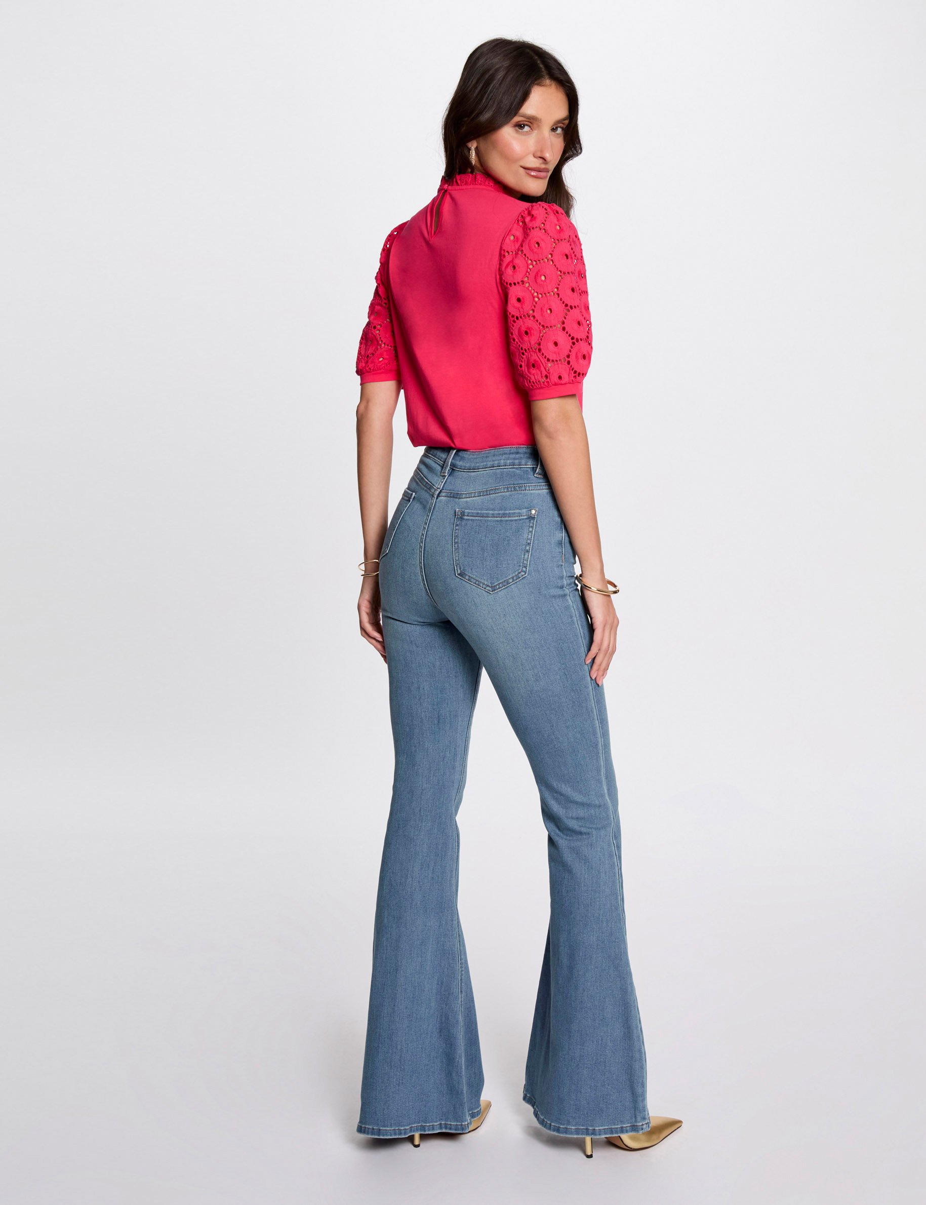 Geborduurd T-shirt met korte mouwen fuchsia roze vrouw