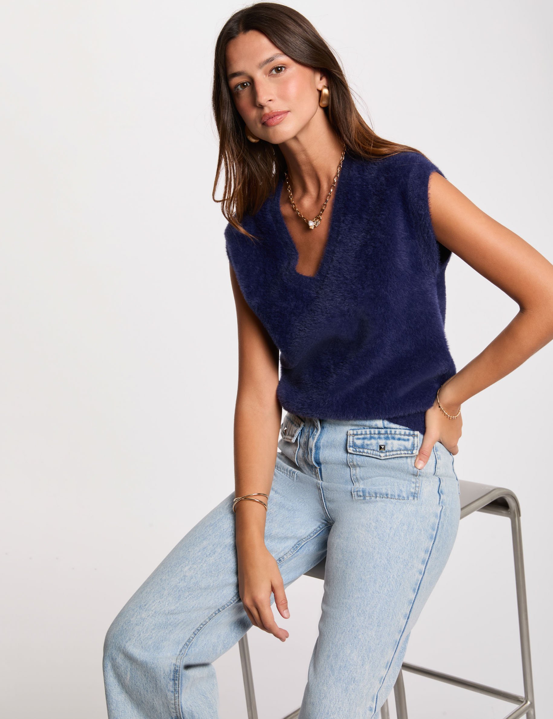 Pull sans manches bleu marine femme