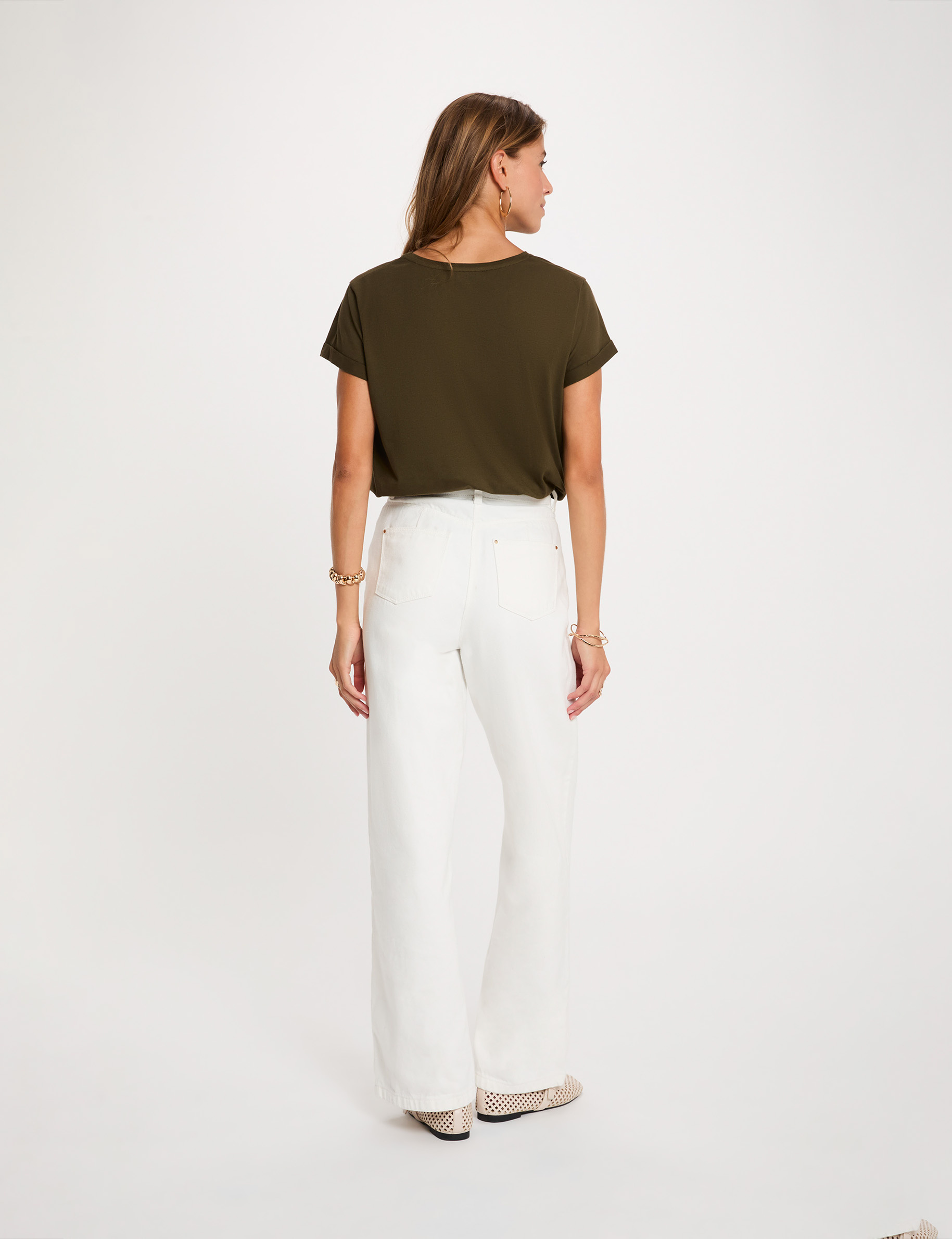 T-shirt col rond manches courtes vert kaki femme