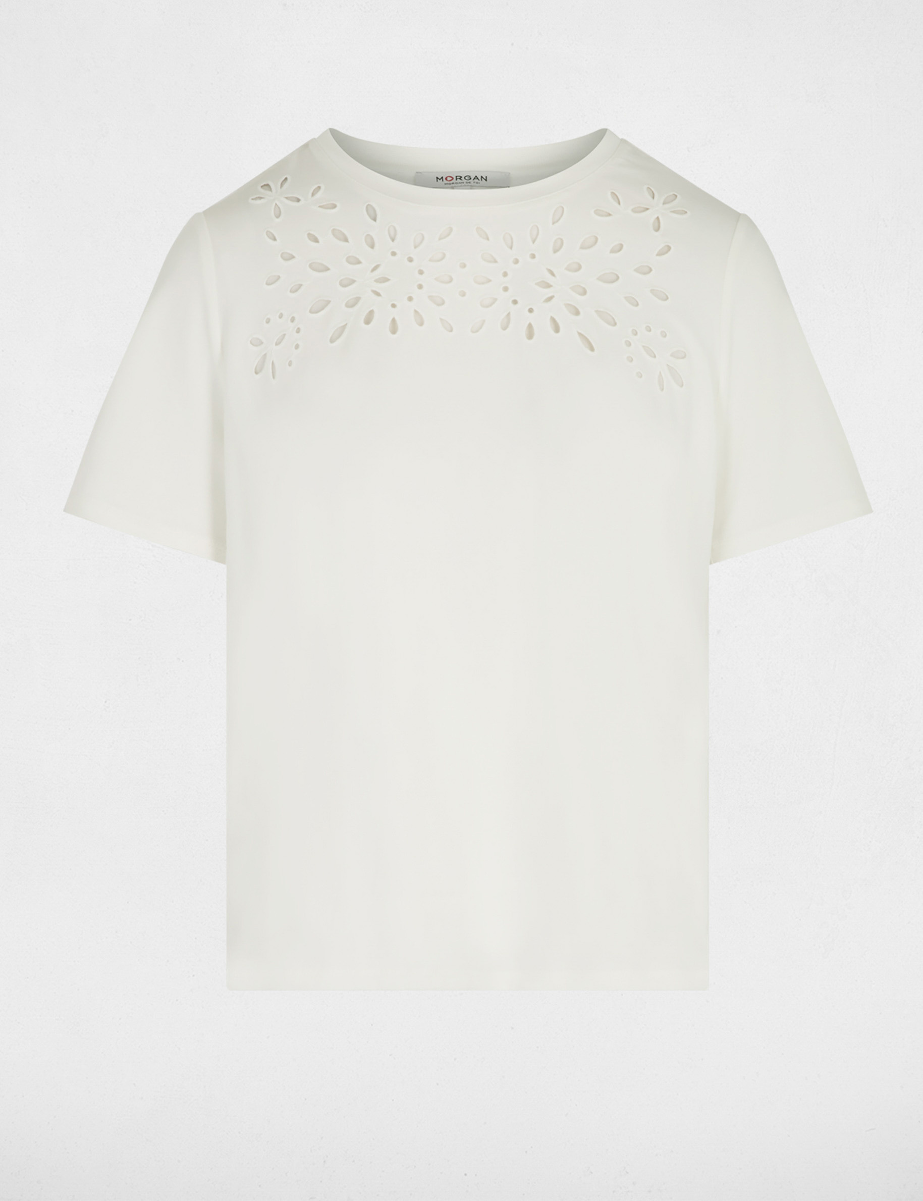 T-shirt brod&eacute; manches courtes blanc femme