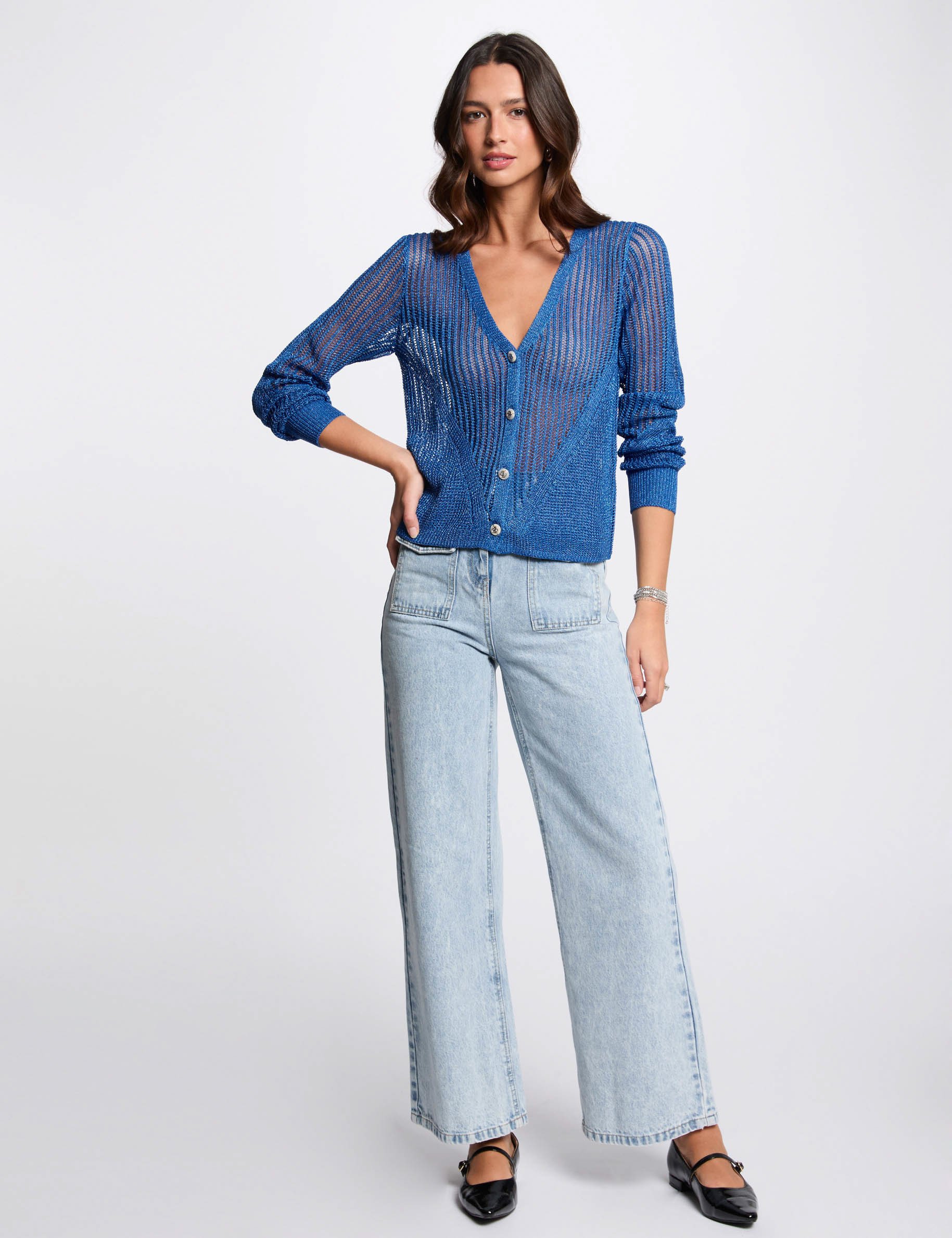 opengewerkte vest lange mouwen bleu electrique vrouw Opengewerkte vest lange mouwen bleu electrique vrouw