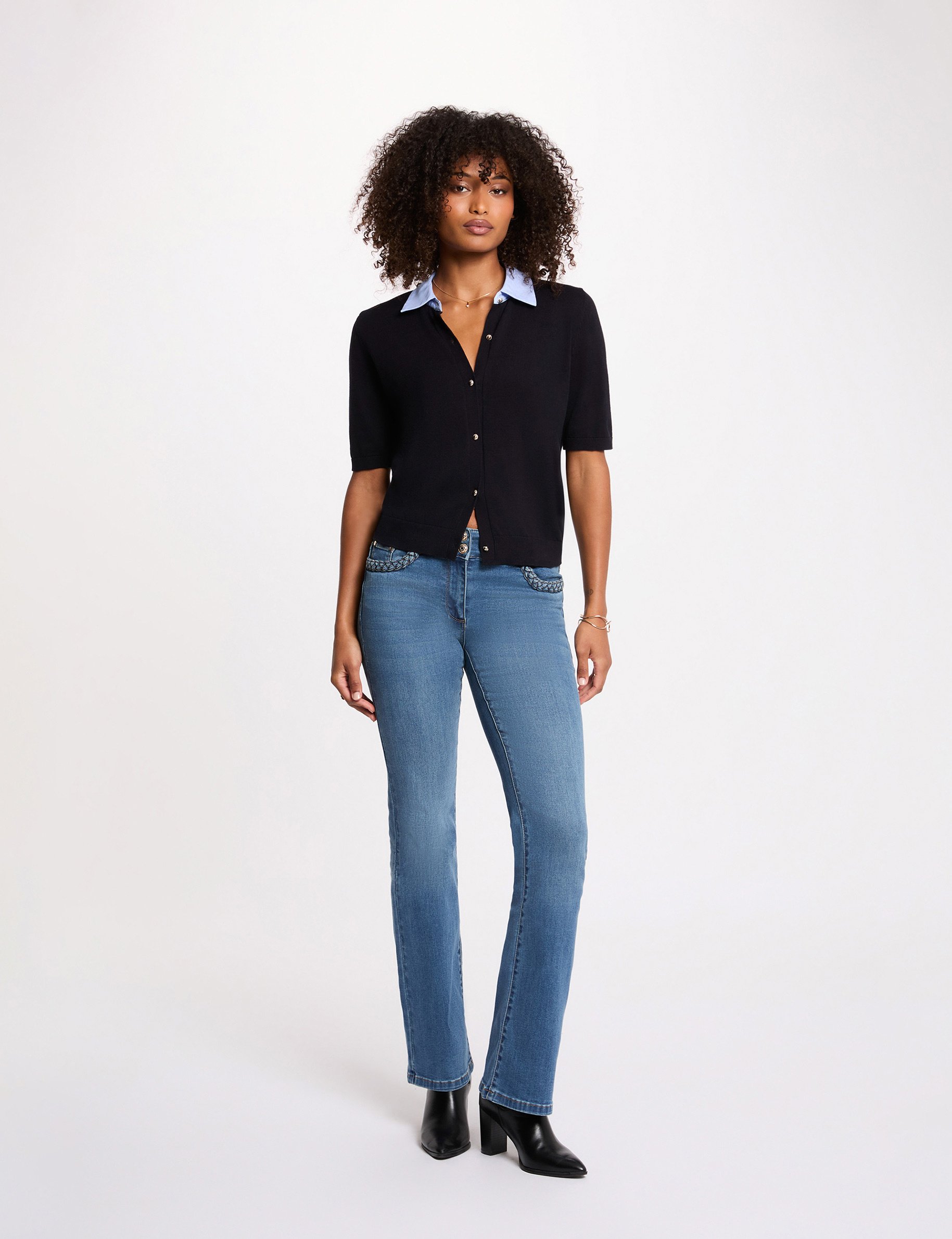 Pull col &agrave; revers bleu marine femme