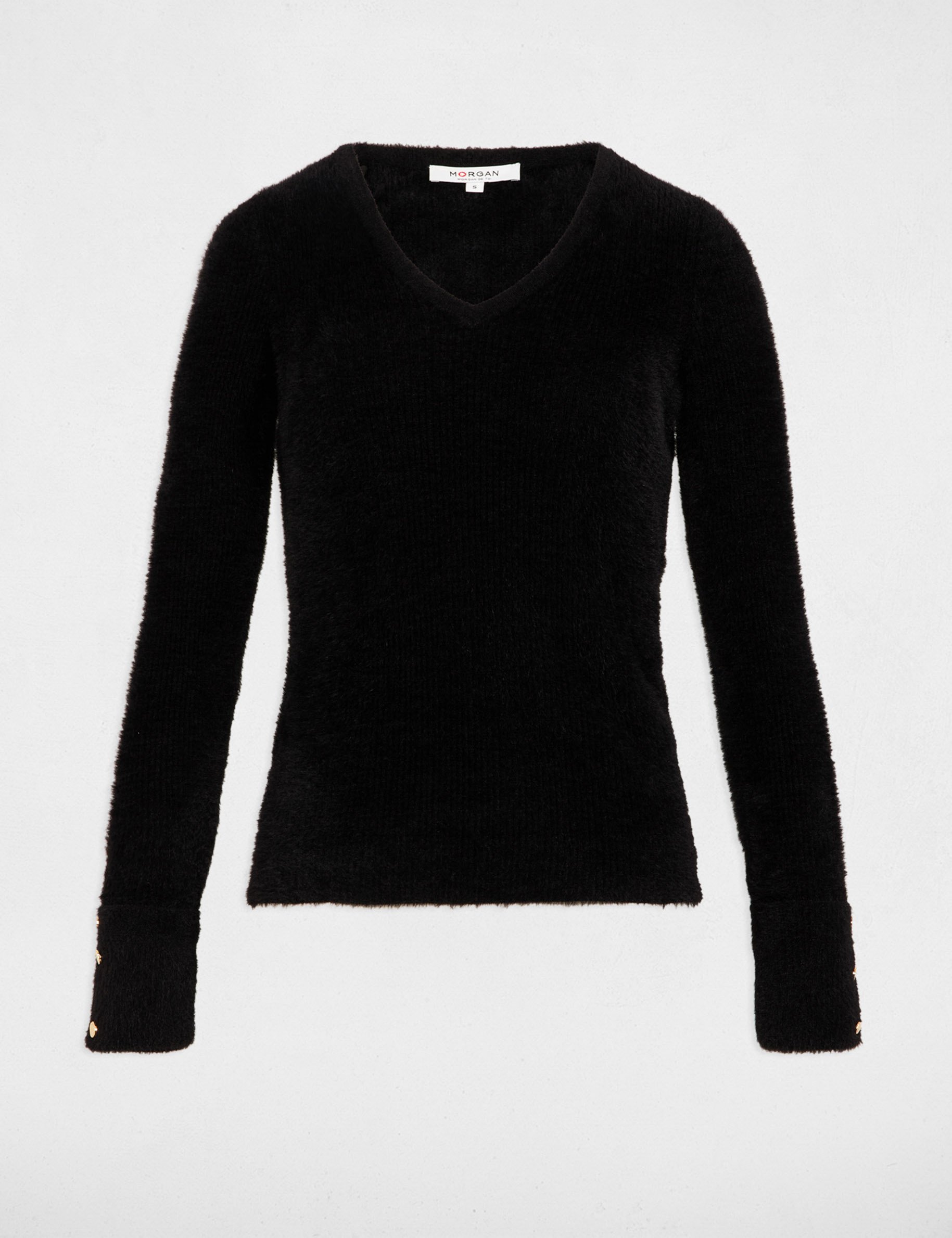Pull manches longues maille duveteuse noir femme