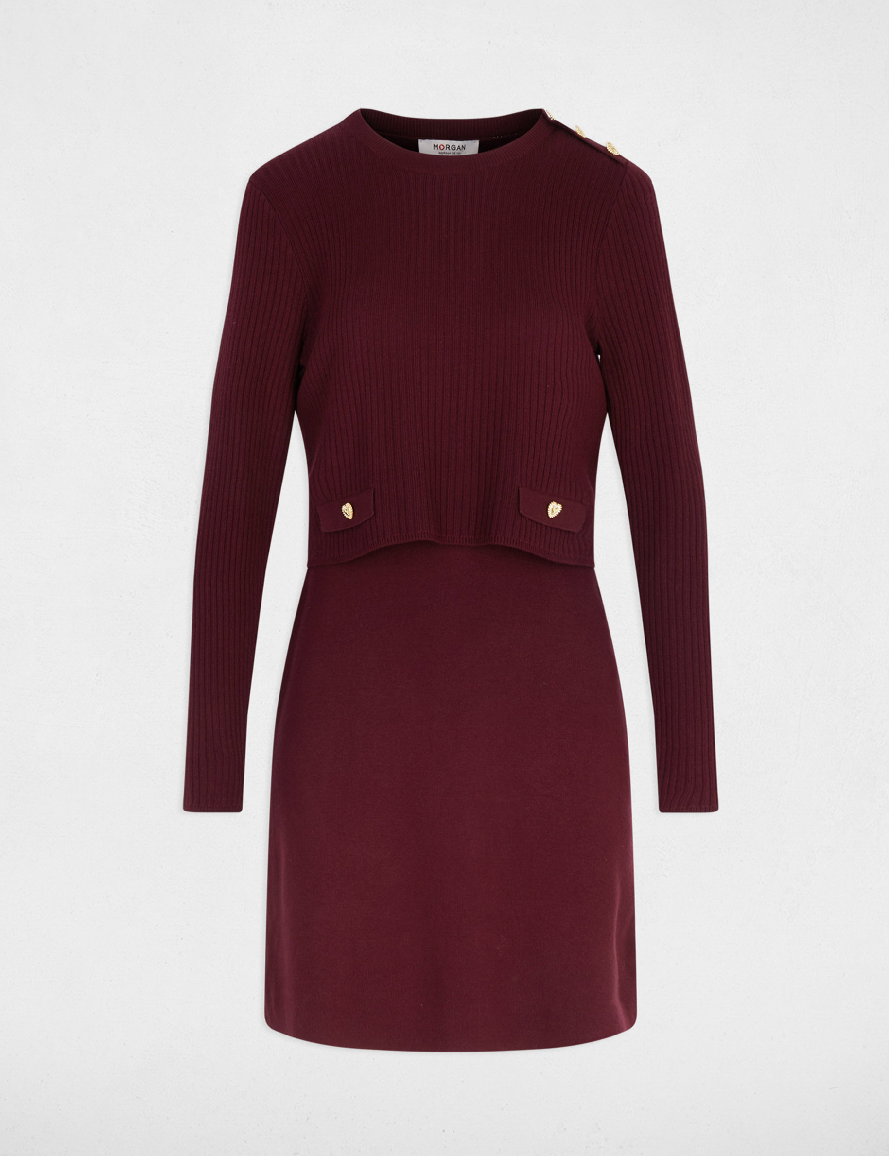 Robe tricot courte effet 2-en-1 prune femme