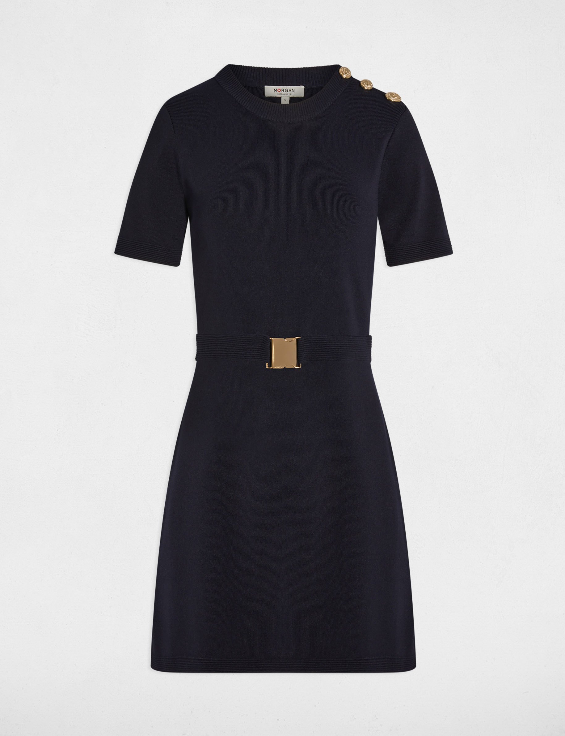 Robe tricot cintr&eacute;e bleu marine femme