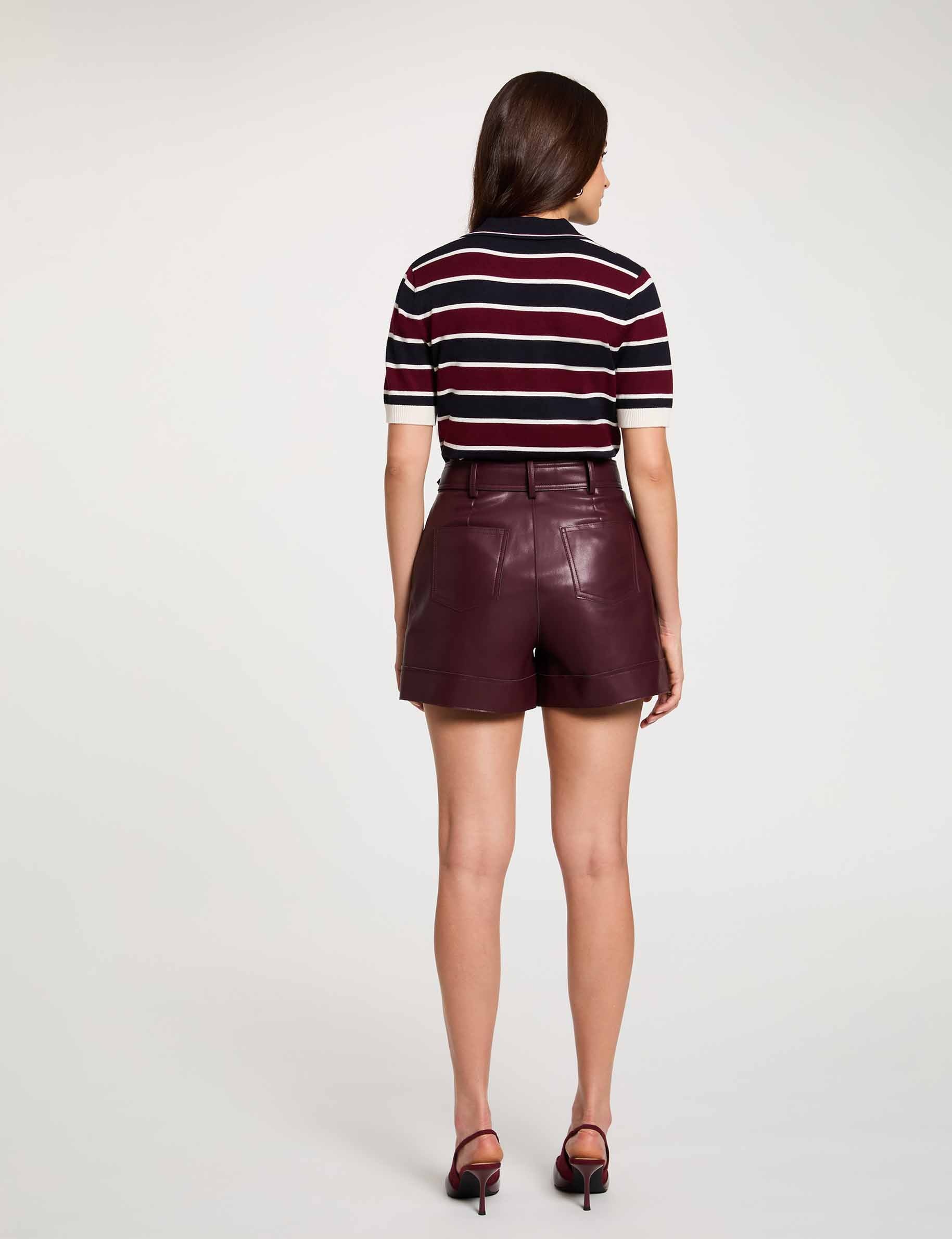 Pull col polo ray&eacute; bordeaux femme