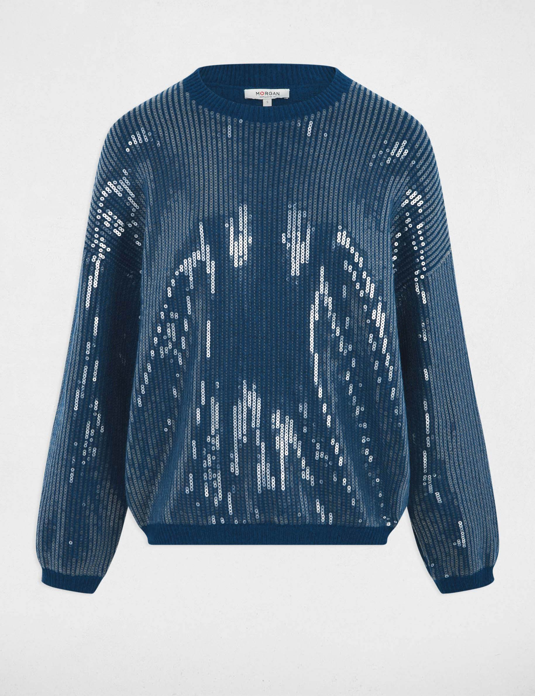 Pull sequins col rond bleu pétrole femme