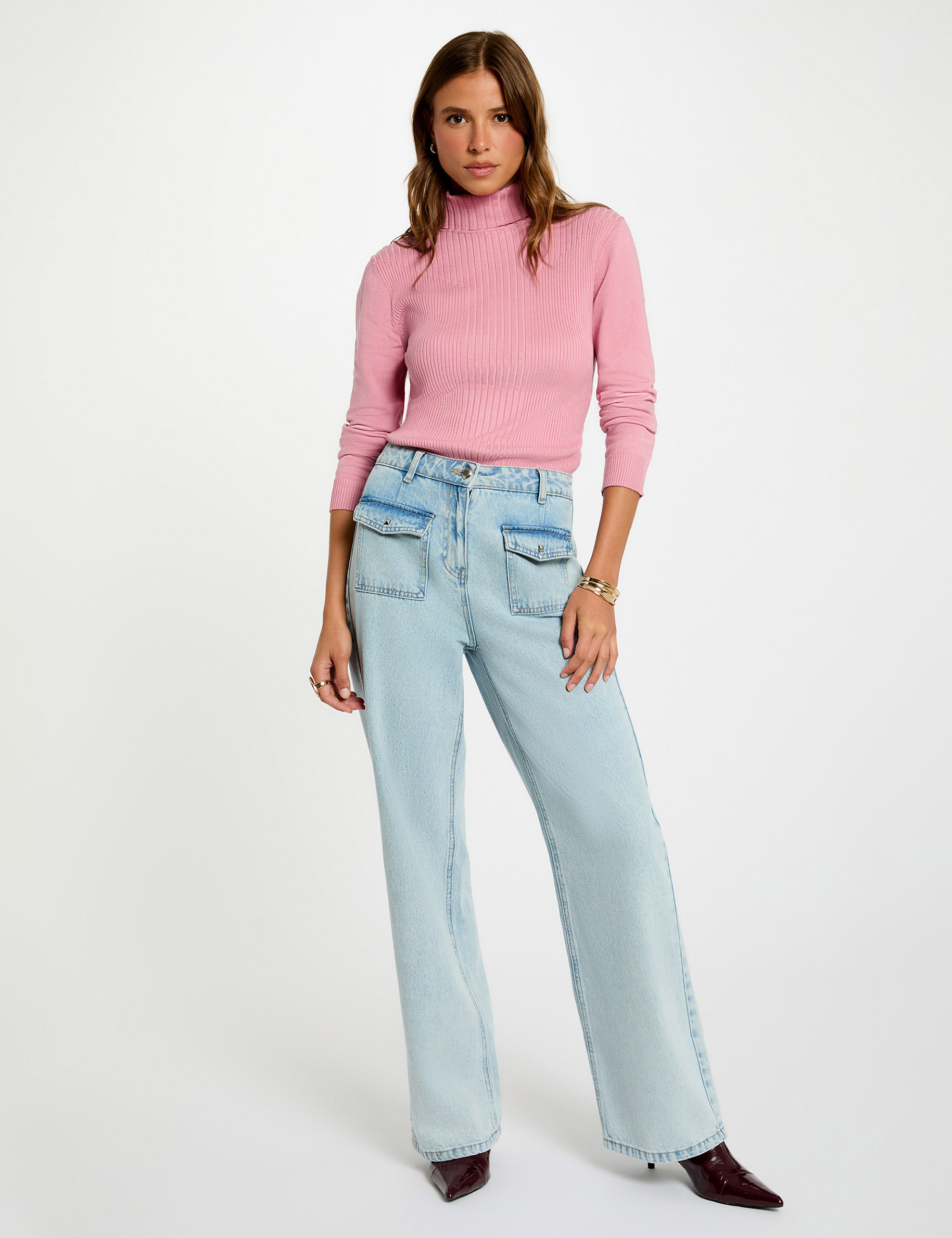 pull ajuste col roule vieux rose femme Pull ajusté col roulé vieux rose femme