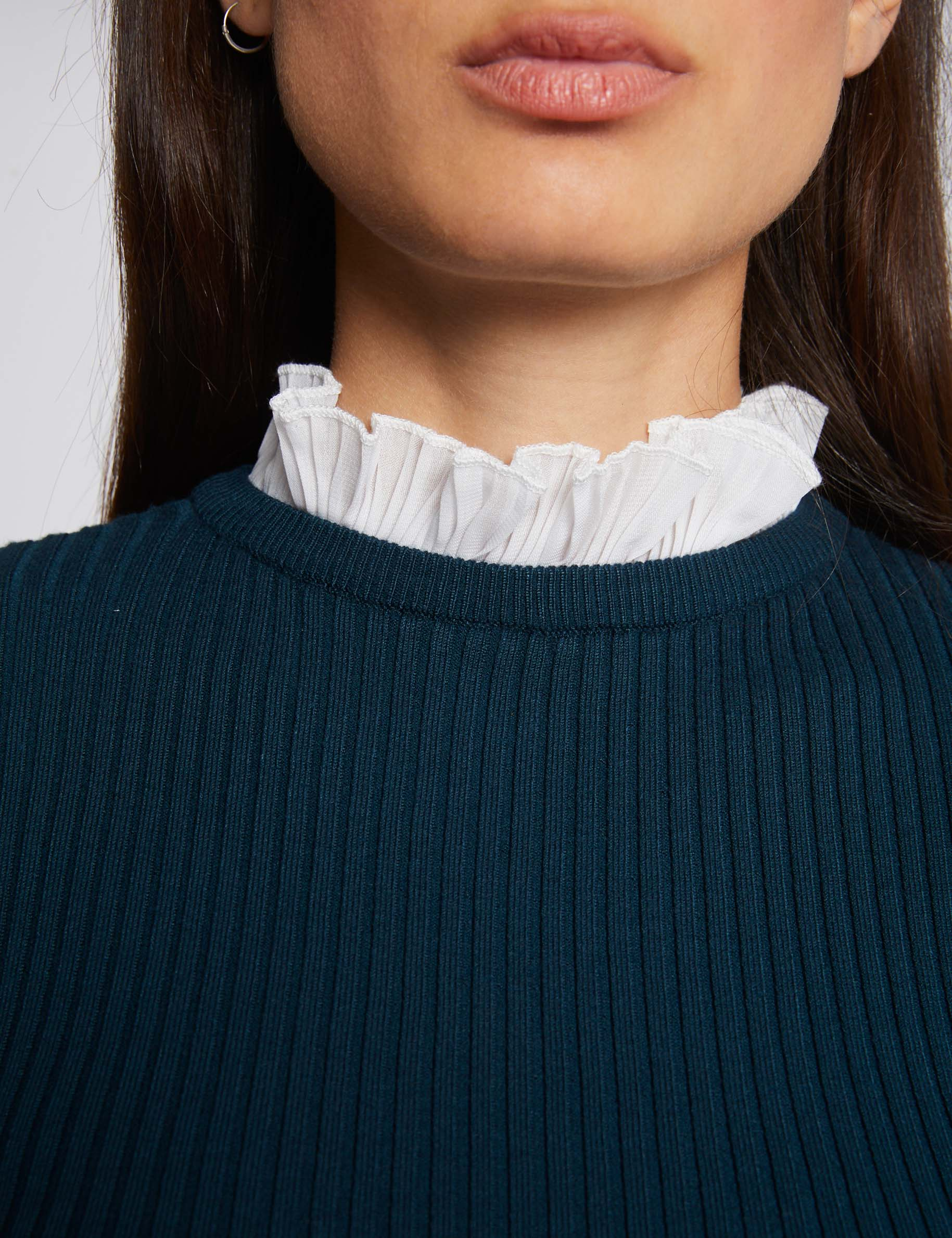Pull manches longues col fronc&eacute; vert fonc&eacute; femme