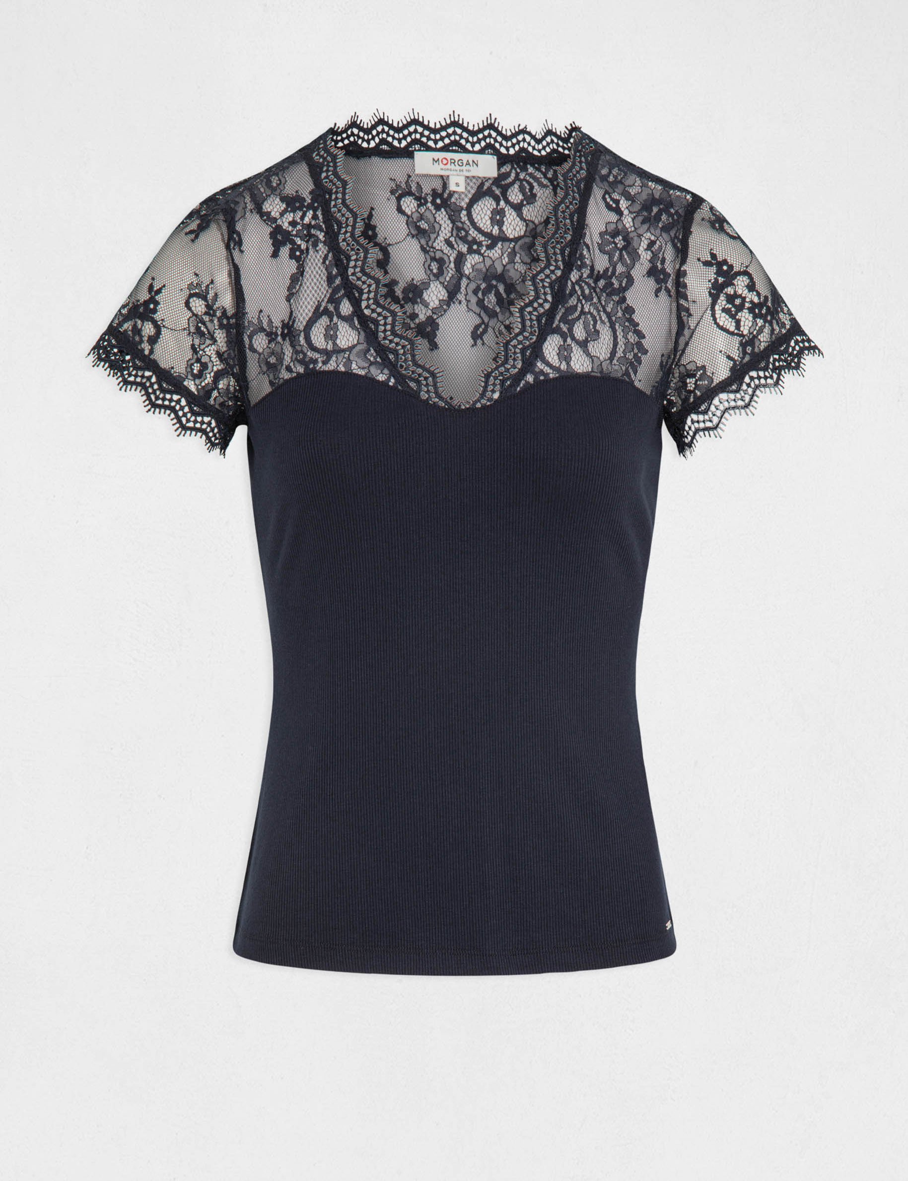 T-shirt met korte mouwen van kant marineblauw vrouw