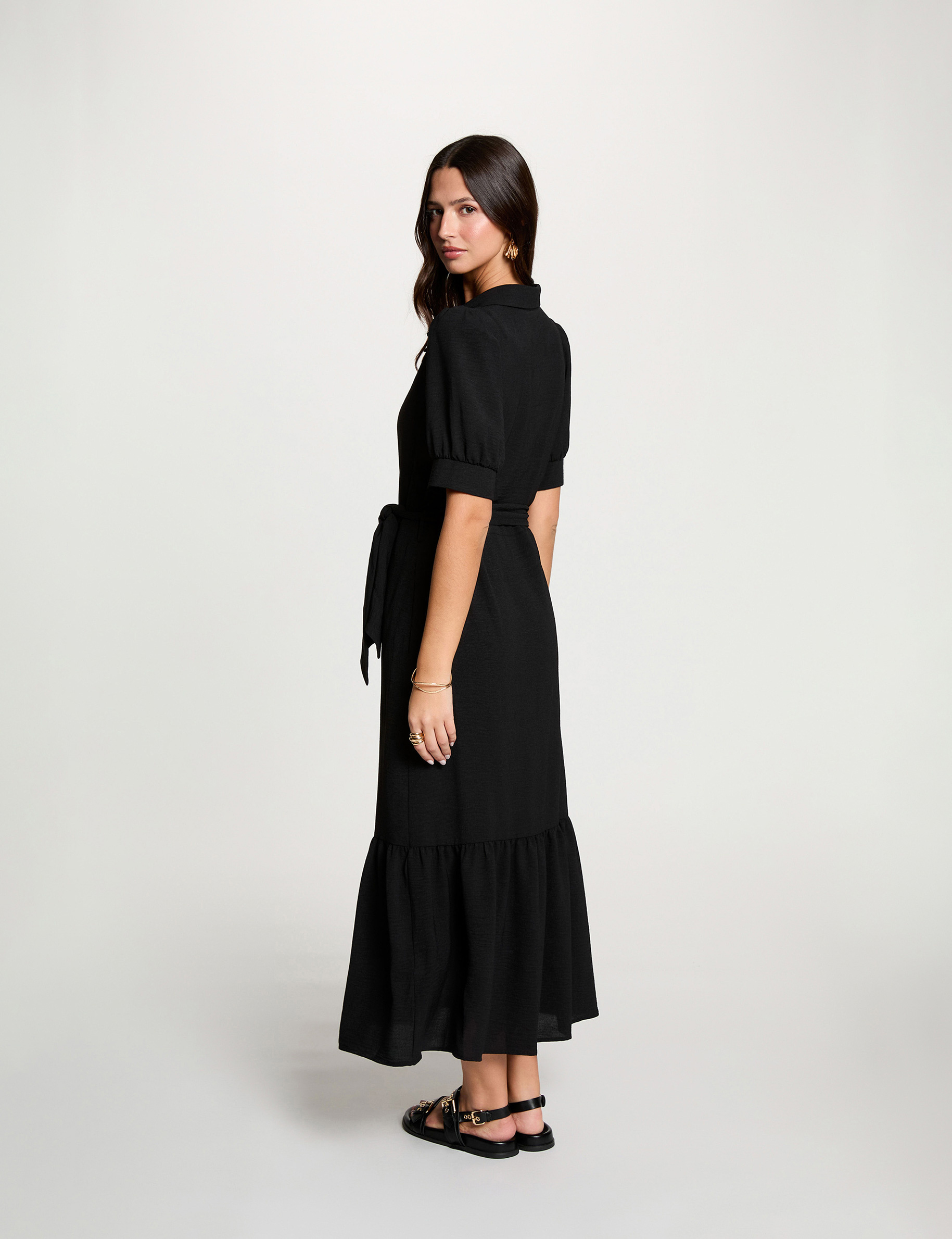 Jurk met pofmouwen in tricot zwart vrouw