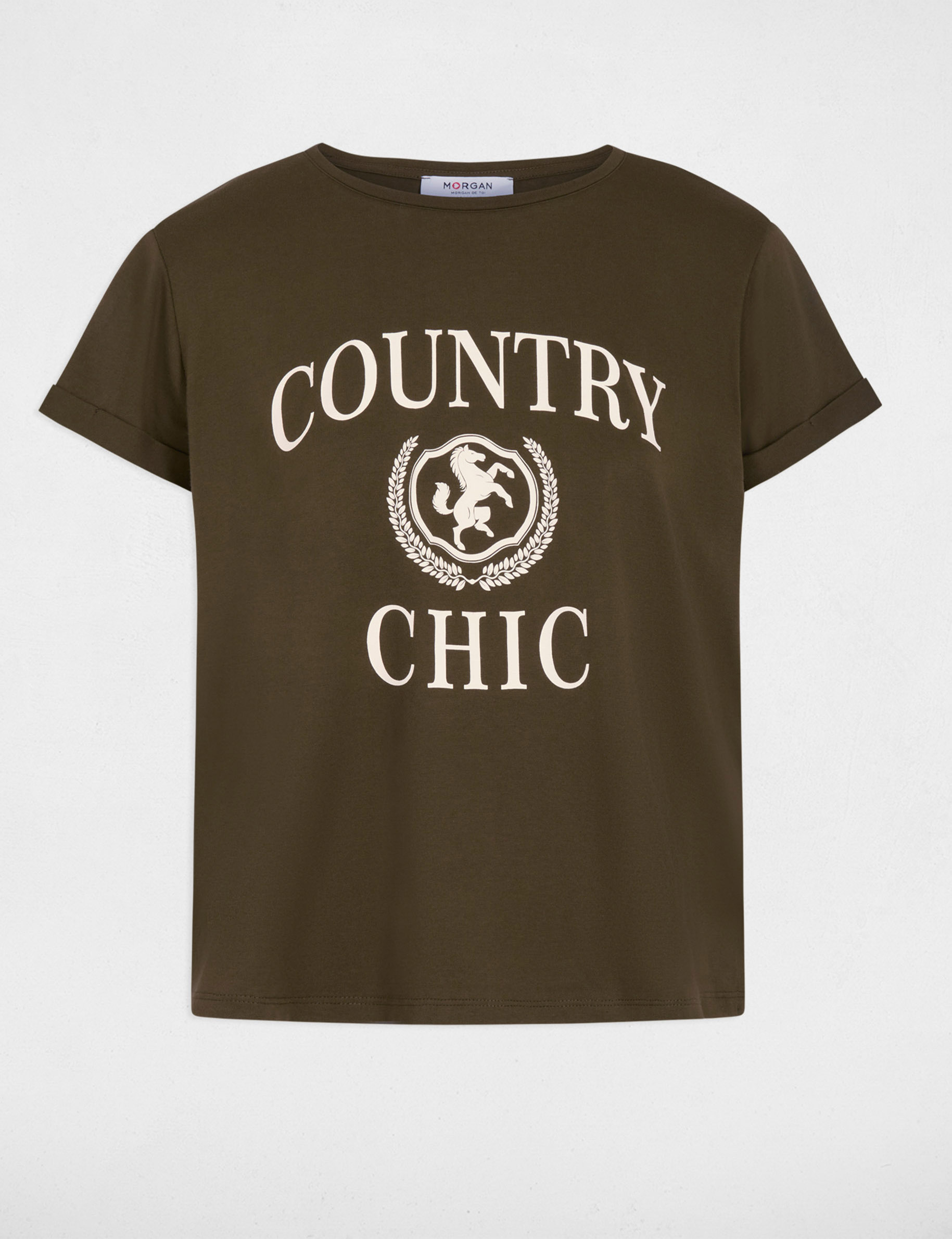 T-shirt col rond manches courtes vert kaki femme