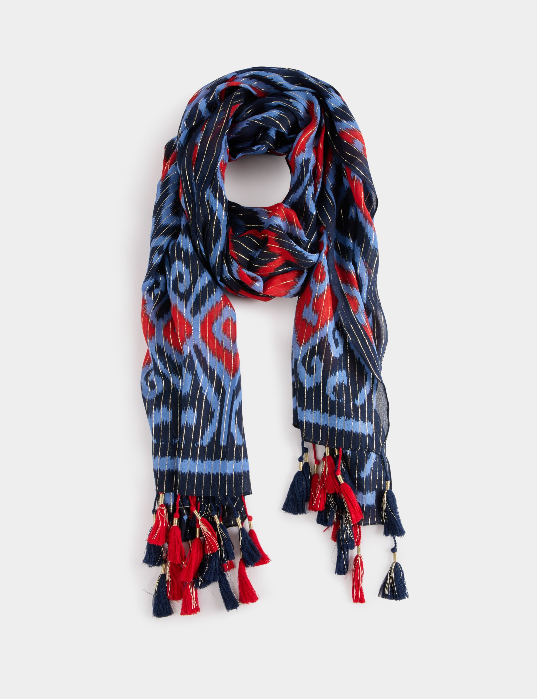 foulard imprime a pompons multicolore femme Foulard imprimé à pompons multicolore femme