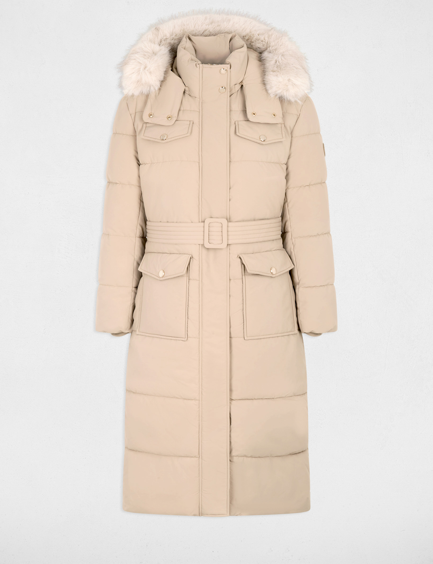 Doudoune longue ceintur&eacute;e beige femme