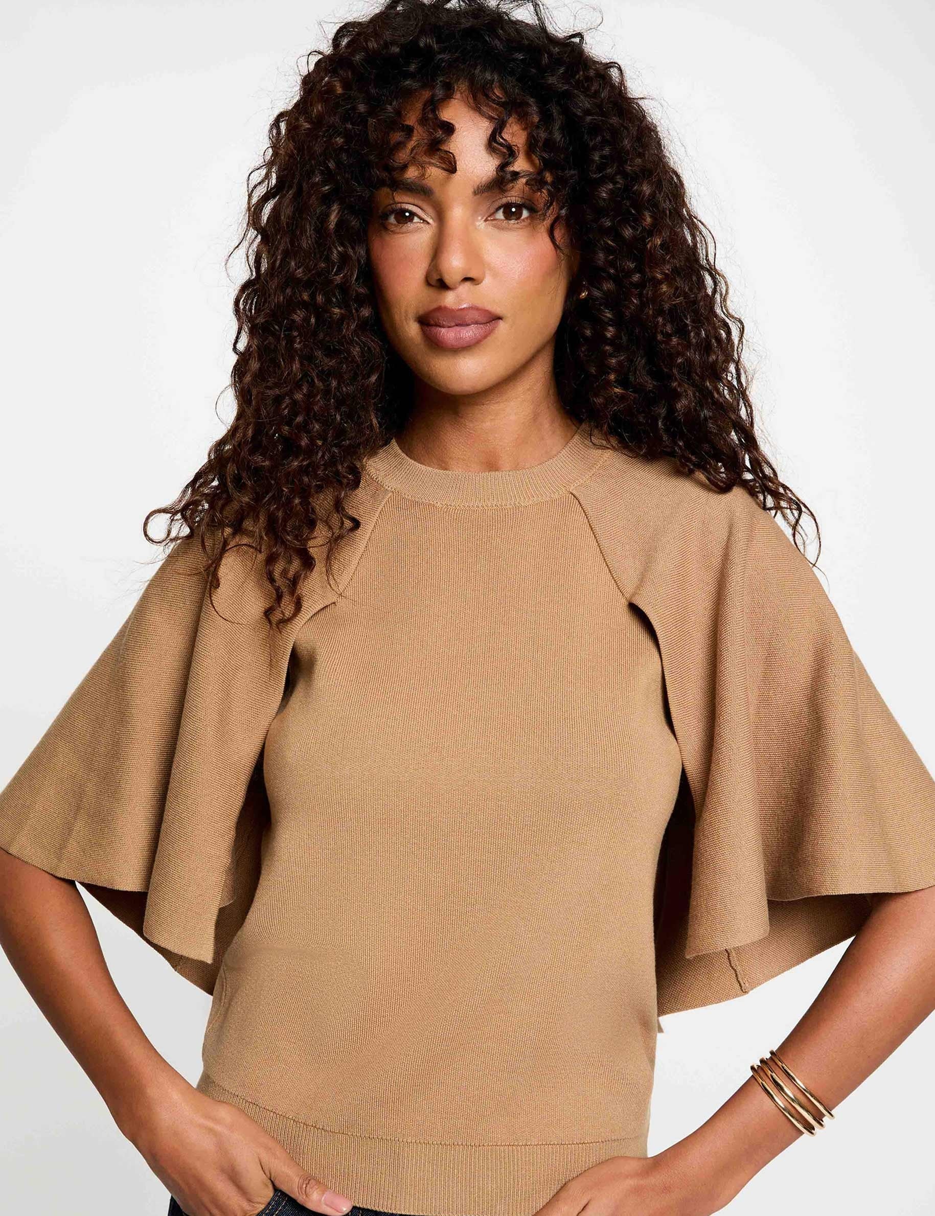 Pull col rond manches &eacute;vas&eacute;es beige femme
