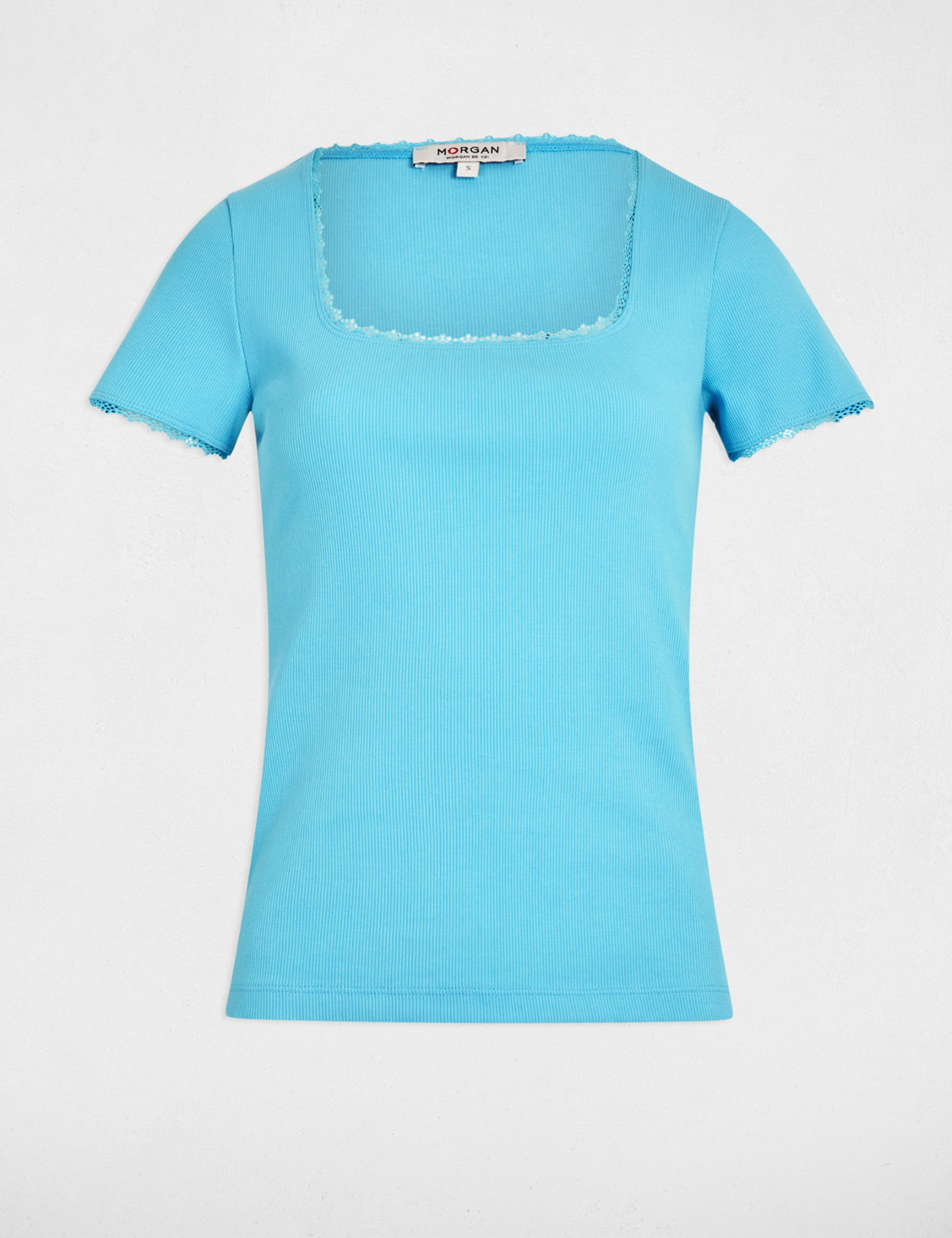 t shirt manches courtes cotele bleu ciel femme T-shirt manches courtes côtelé bleu ciel femme