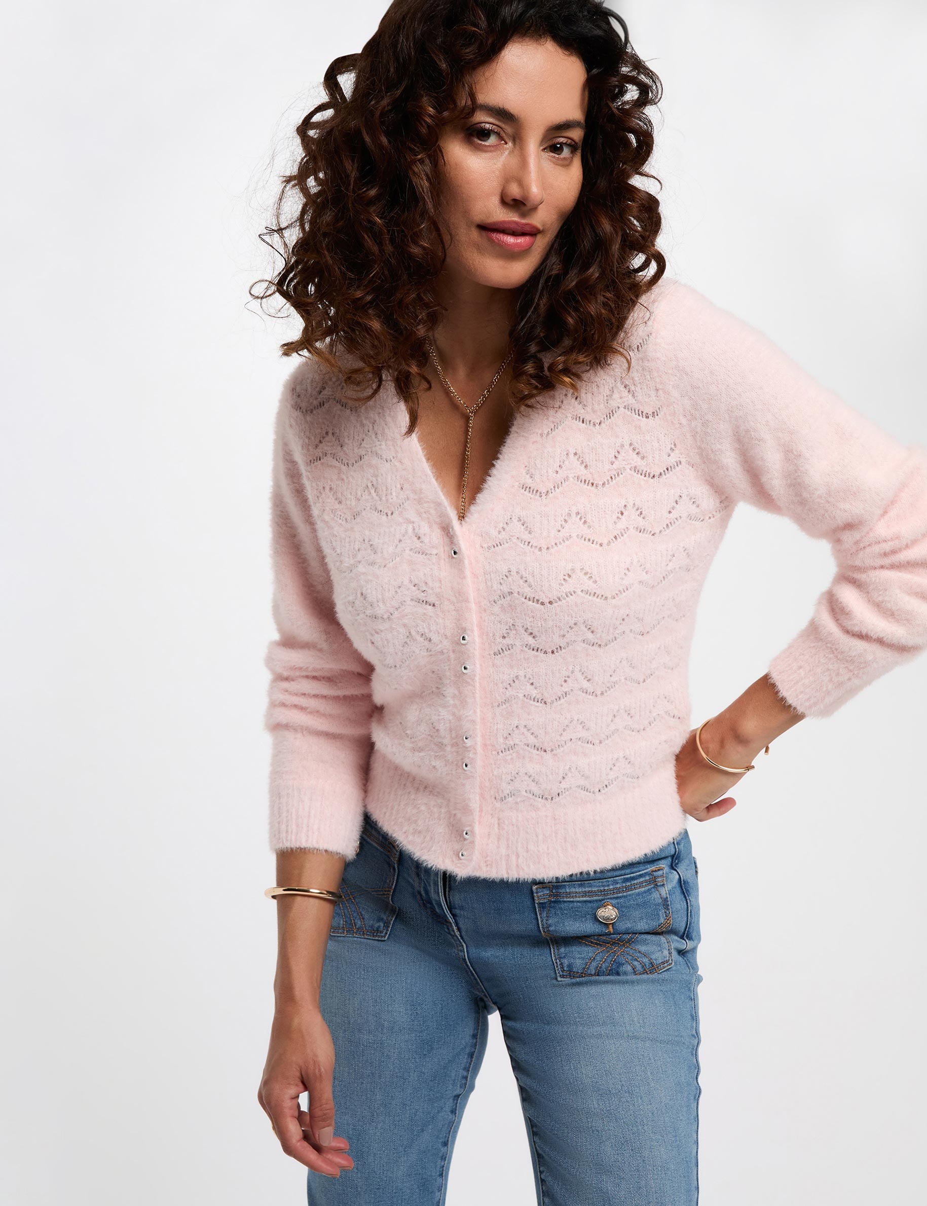 Gilet col v textur&eacute; rose clair femme